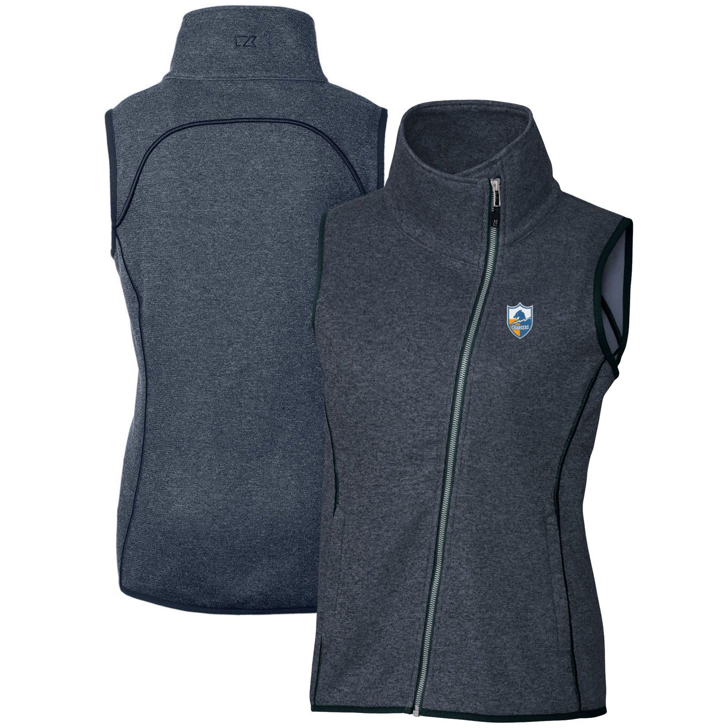 Women's Cutter & Buck Heather Navy Los Angeles Chargers Throwback Logo Mainsail Full-Zip Vest