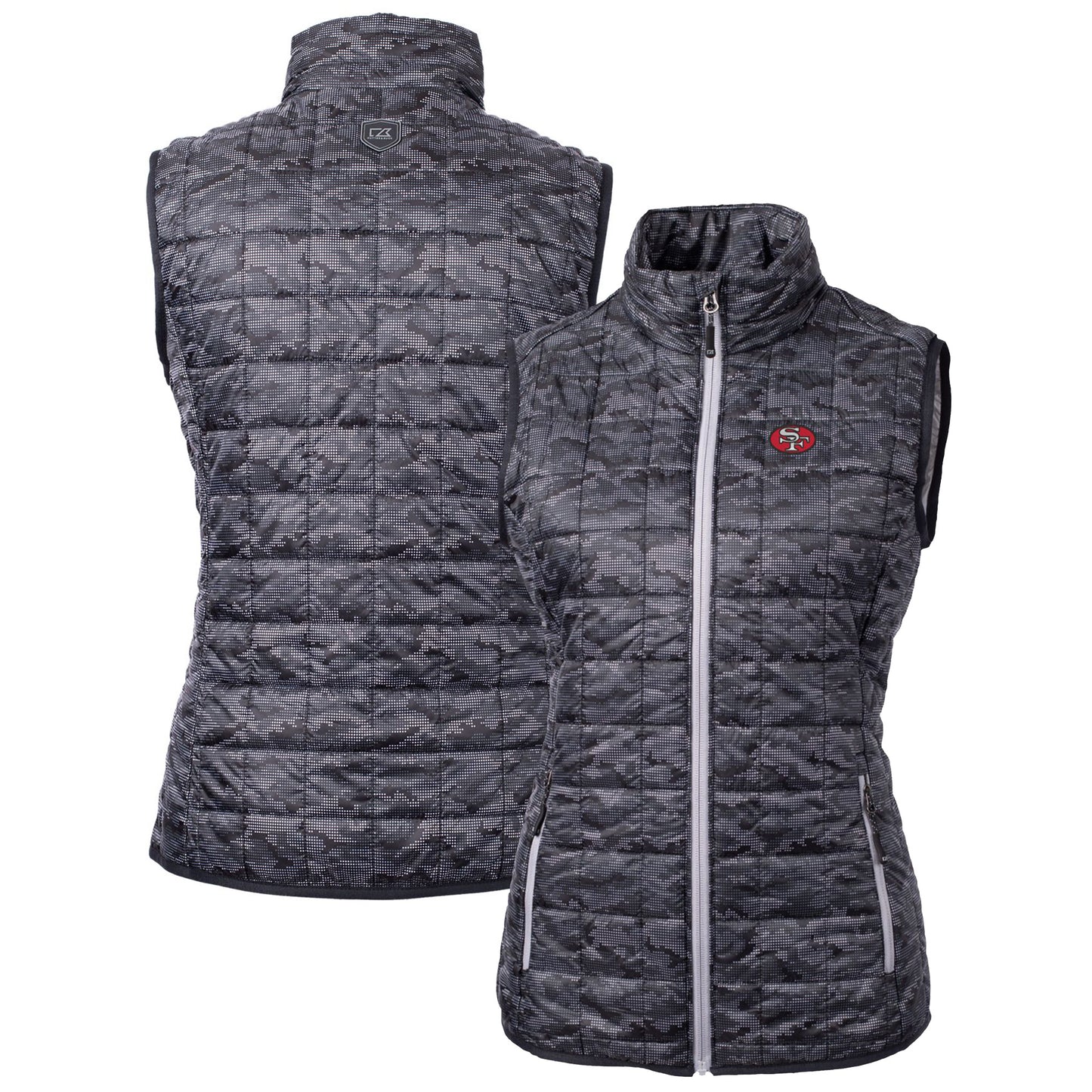 Women's Cutter & Buck Black San Francisco 49ers Throwback Logo Rainier PrimaLoft Eco Printed Full-Zip Puffer Vest