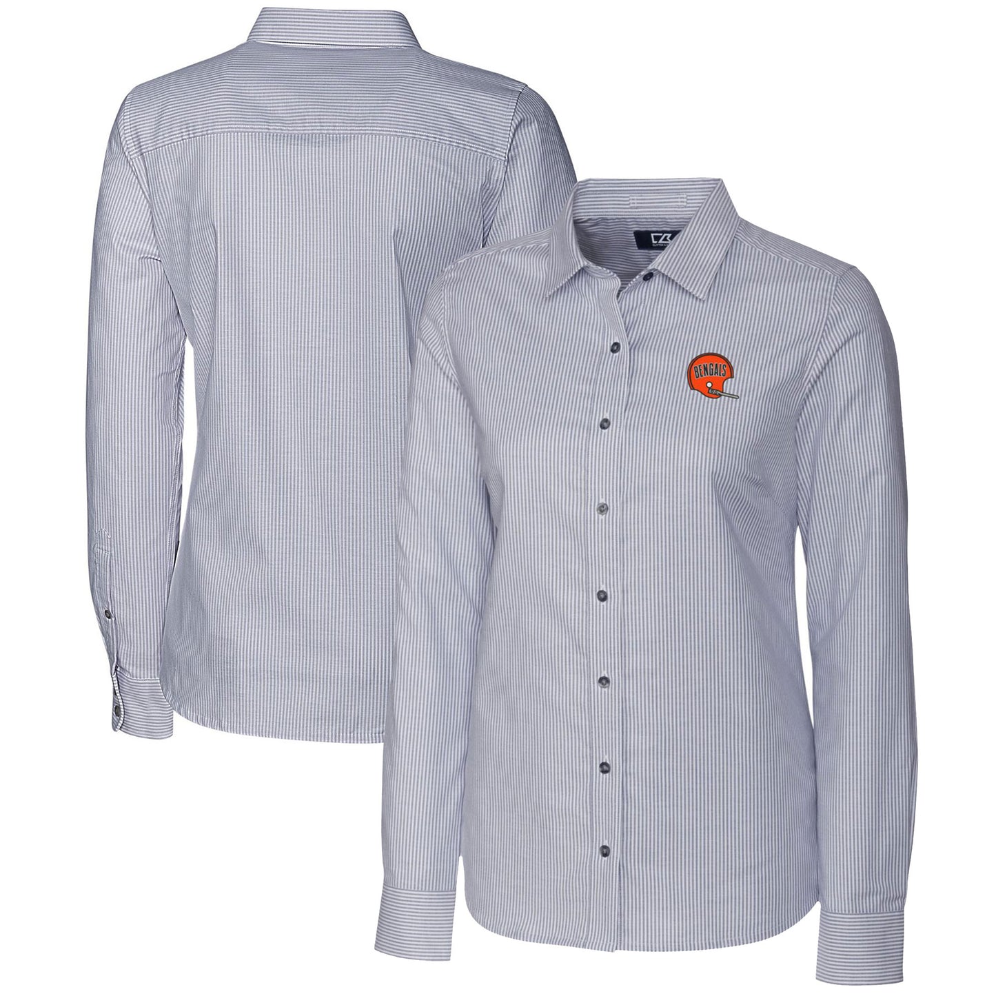 Women's Cutter & Buck Charcoal Cincinnati Bengals Throwback Logo Stretch Oxford Stripe Long Sleeve Button-Up Shirt