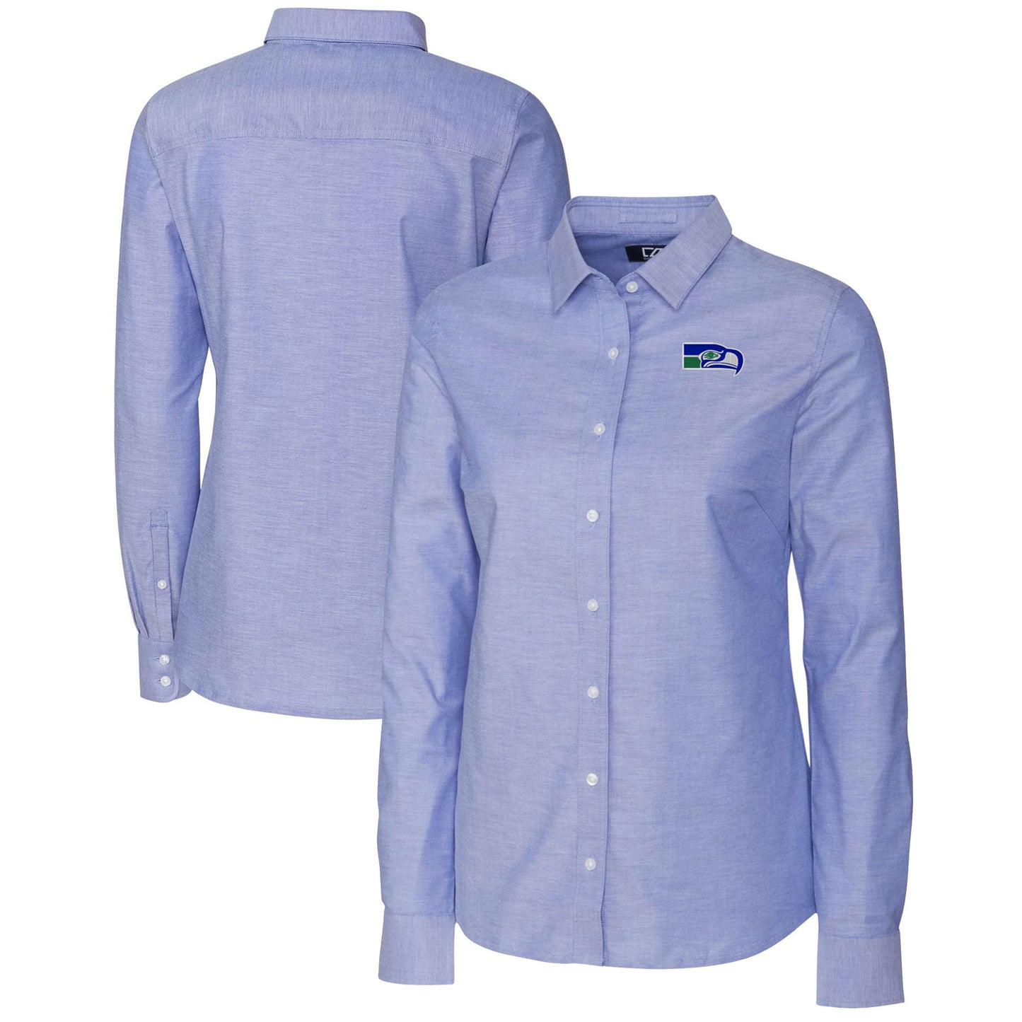 Women's Cutter & Buck Powder Blue Seattle Seahawks Throwback Logo Oxford Stretch Long Sleeve Button-Up Shirt