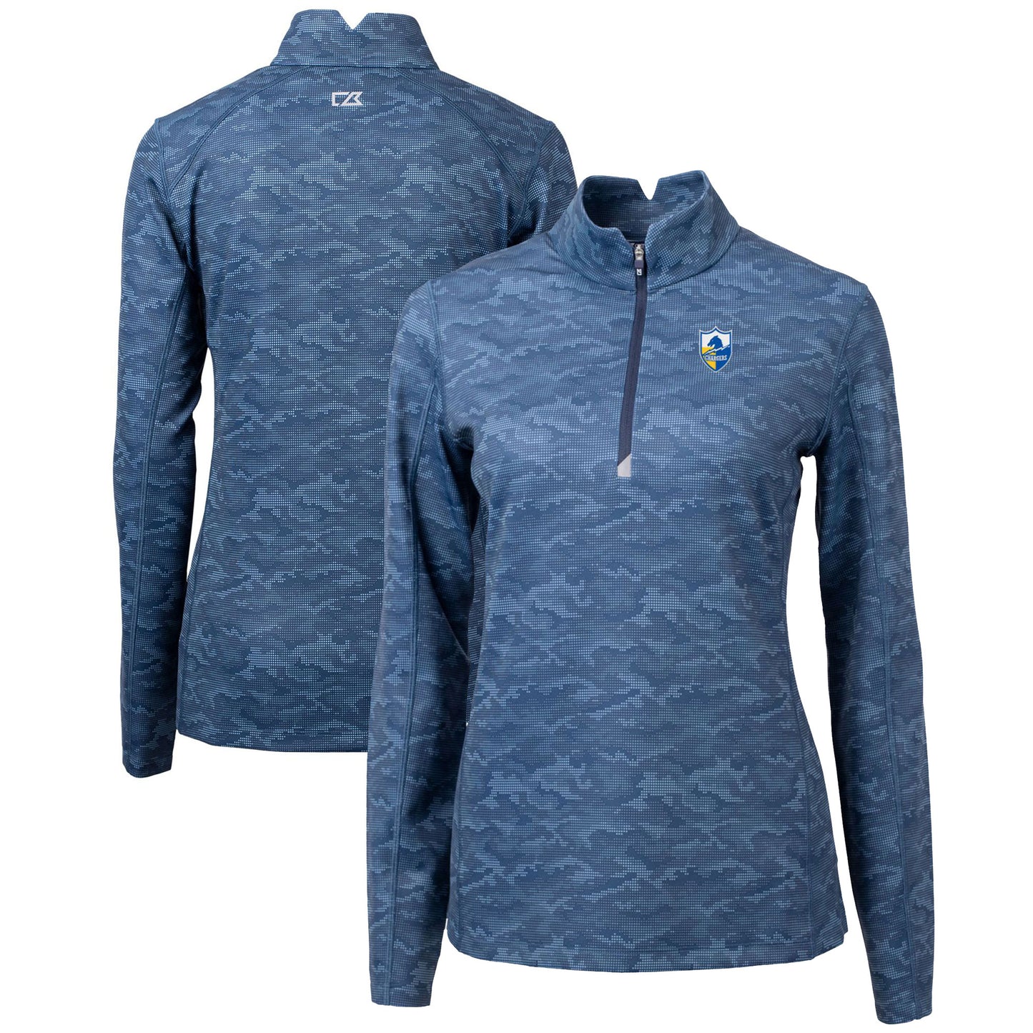Women's Cutter & Buck Navy Los Angeles Chargers Throwback Logo Traverse Camo Quarter-Zip Pullover Top