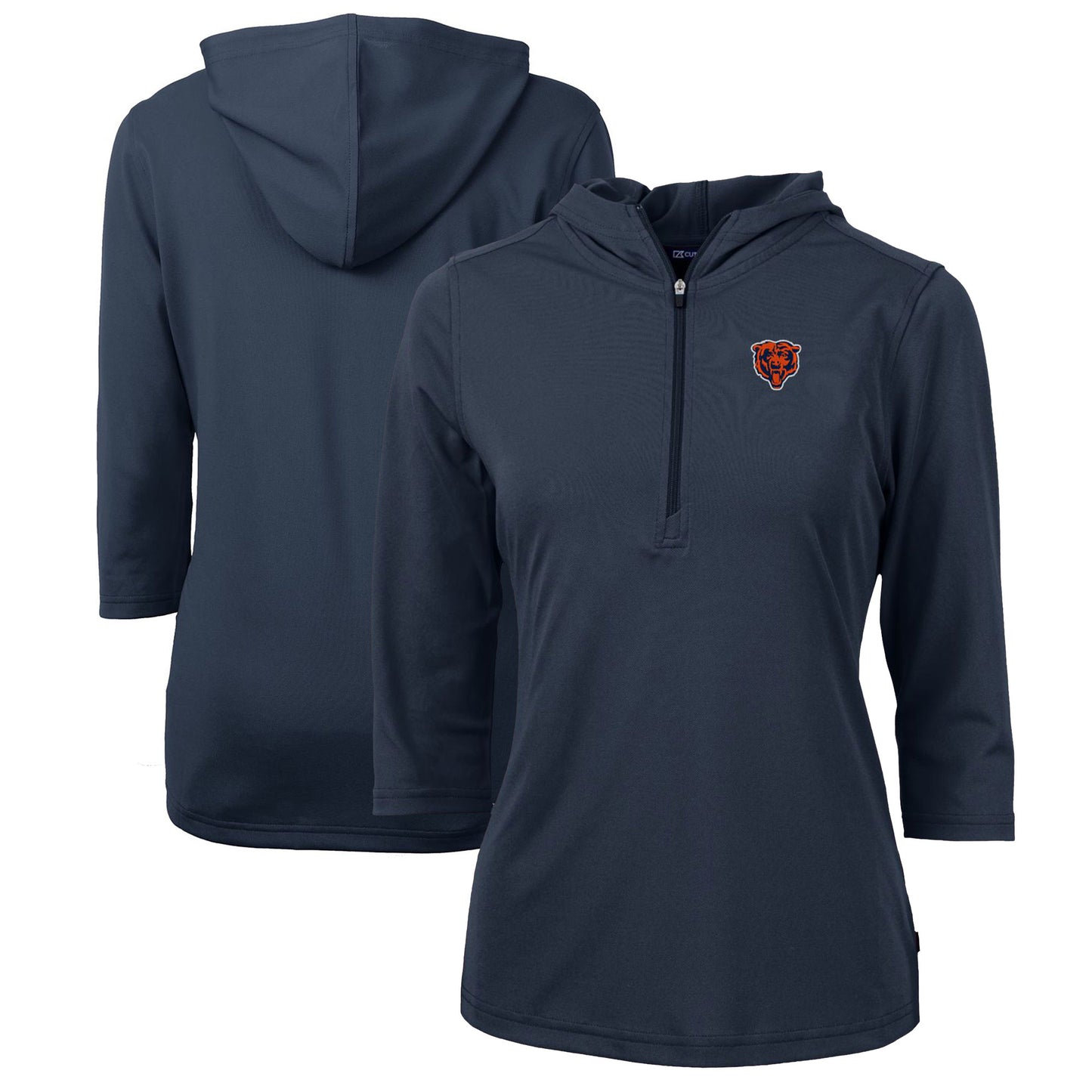 Women's Cutter & Buck Navy Chicago Bears Throwback Logo Virtue Eco Pique 3/4 Sleeve Half-Zip Pullover Hoodie