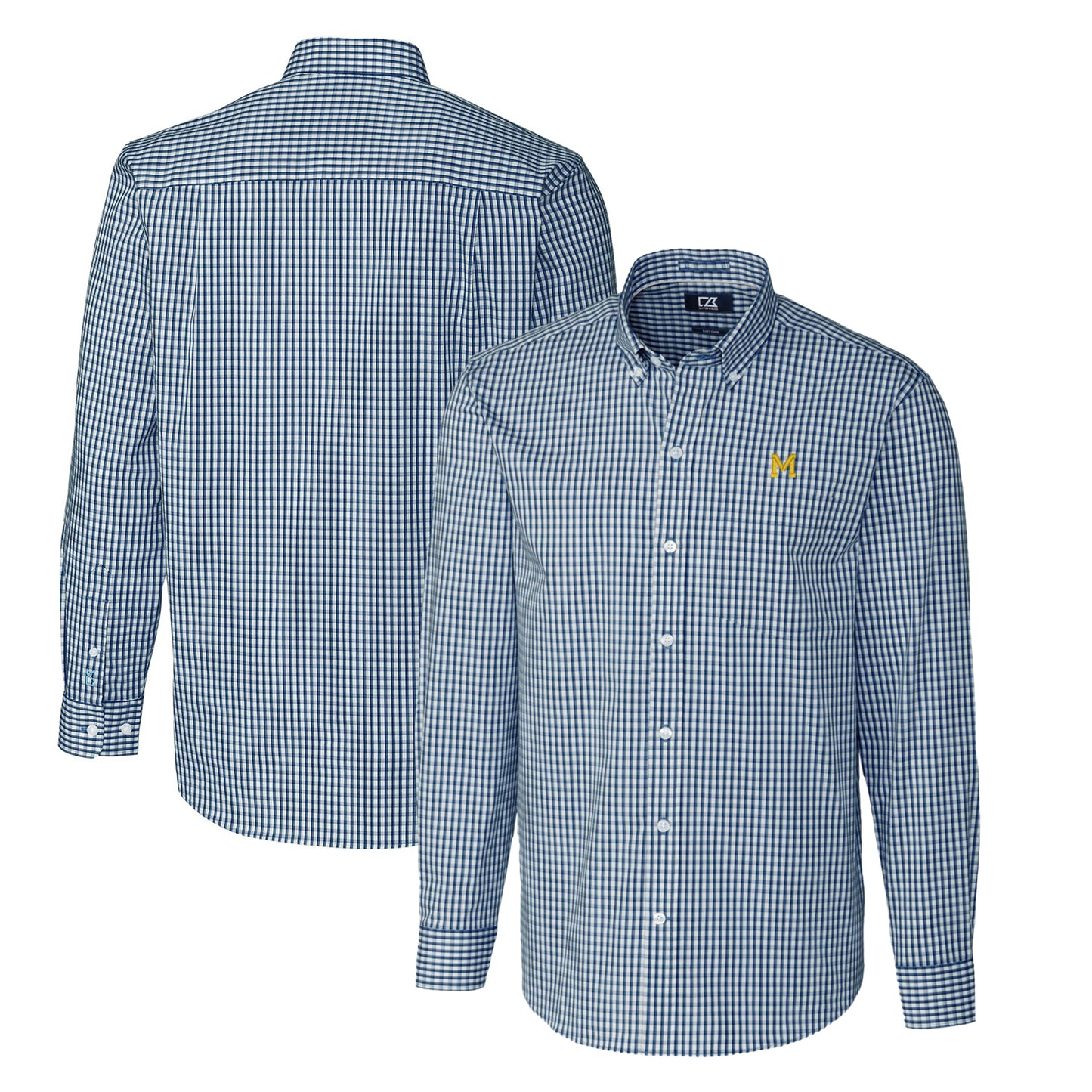 Men's Cutter & Buck Navy Michigan Wolverines Easy Care Stretch Gingham Big & Tall Long Sleeve Button-Down Shirt