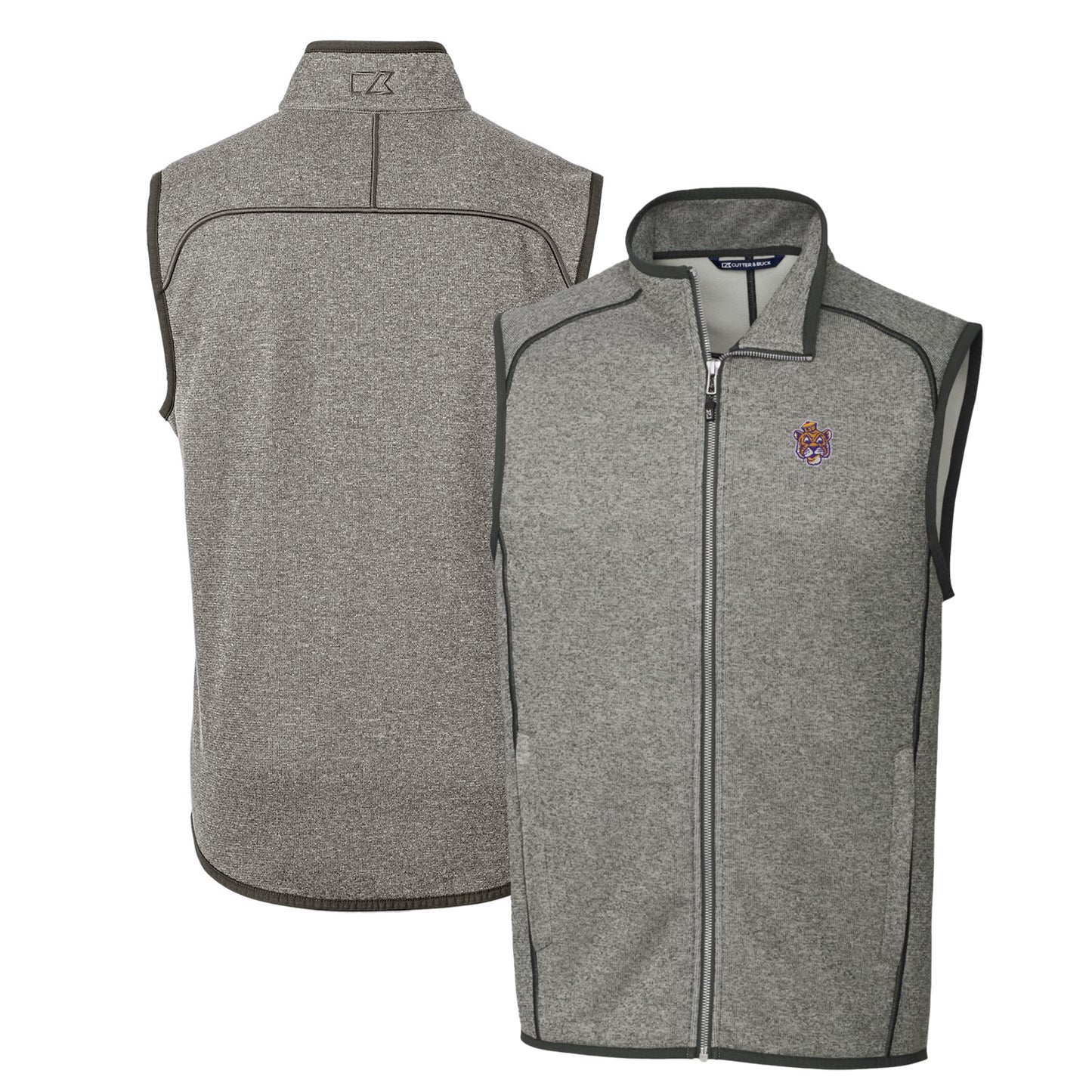 Men's Cutter & Buck Heather Gray LSU Tigers Mainsail Sweater-Knit Big & Tall Full-Zip Vest