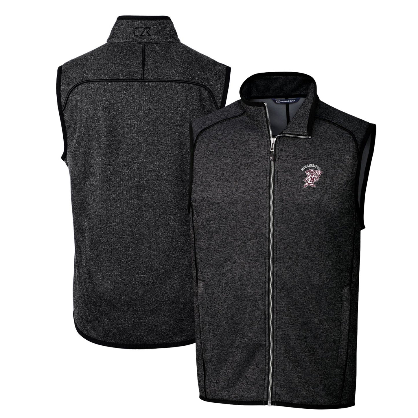 Men's Cutter & Buck Heather Charcoal Mississippi State Bulldogs Mainsail Sweater-Knit Big & Tall Full-Zip Vest