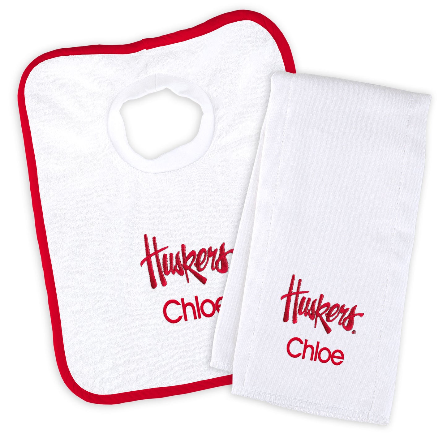 Newborn & Infant White Nebraska Huskers Personalized Bib & Burp Cloth Set