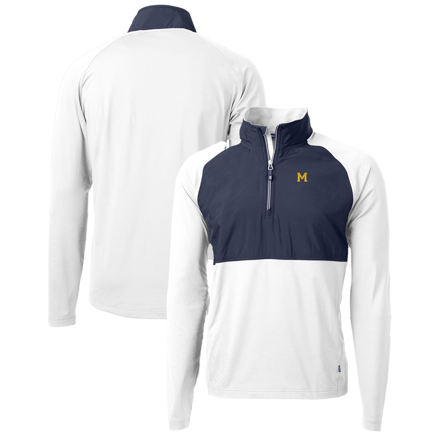 Men's Cutter & Buck Navy/White Michigan Wolverines Adapt Eco Knit Hybrid Recycled Quarter-Zip Pullover Top