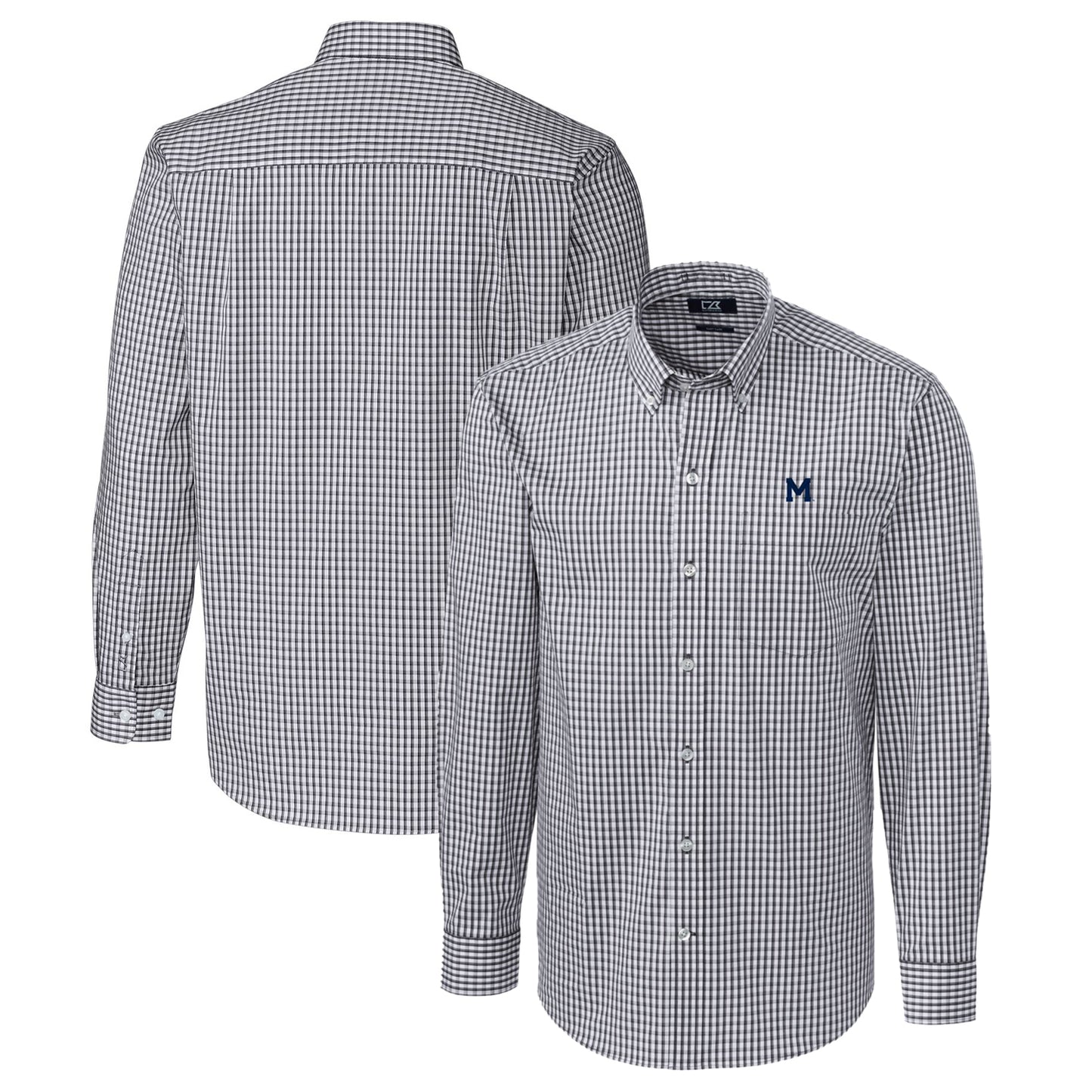 Men's Cutter & Buck Charcoal Michigan Wolverines Easy Care Stretch Gingham Long Sleeve Button-Down Shirt