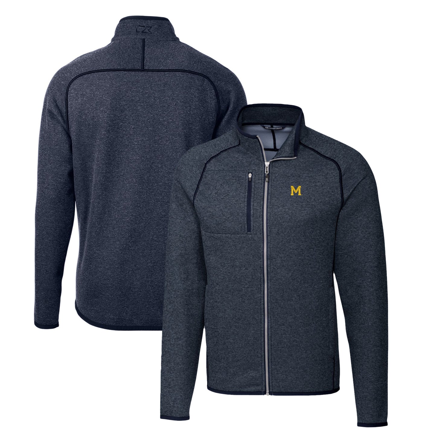 Men's Cutter & Buck Heather Navy Michigan Wolverines Mainsail Sweater-Knit Full-Zip Jacket