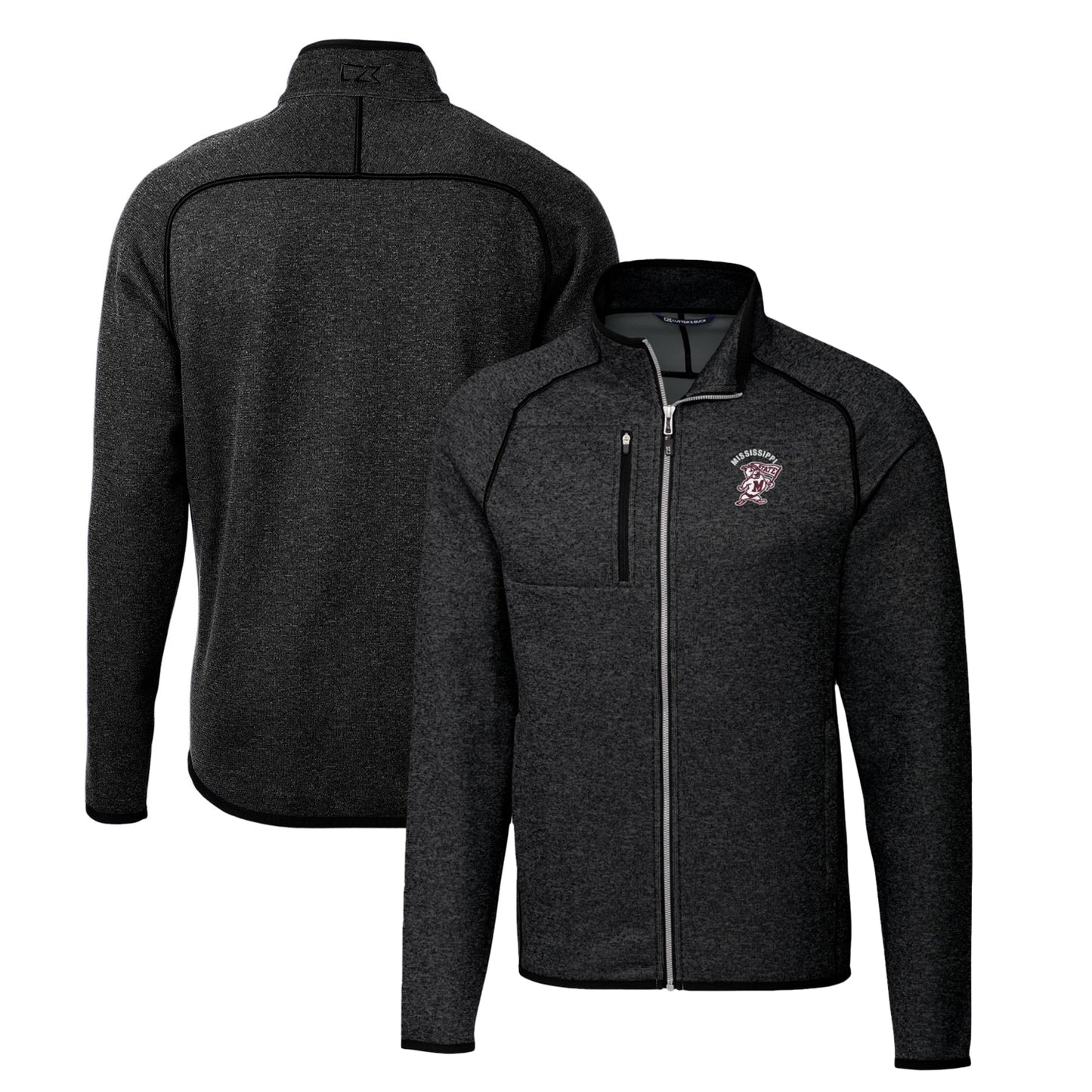 Men's Cutter & Buck Heather Charcoal Mississippi State Bulldogs Mainsail Sweater-Knit Full-Zip Jacket