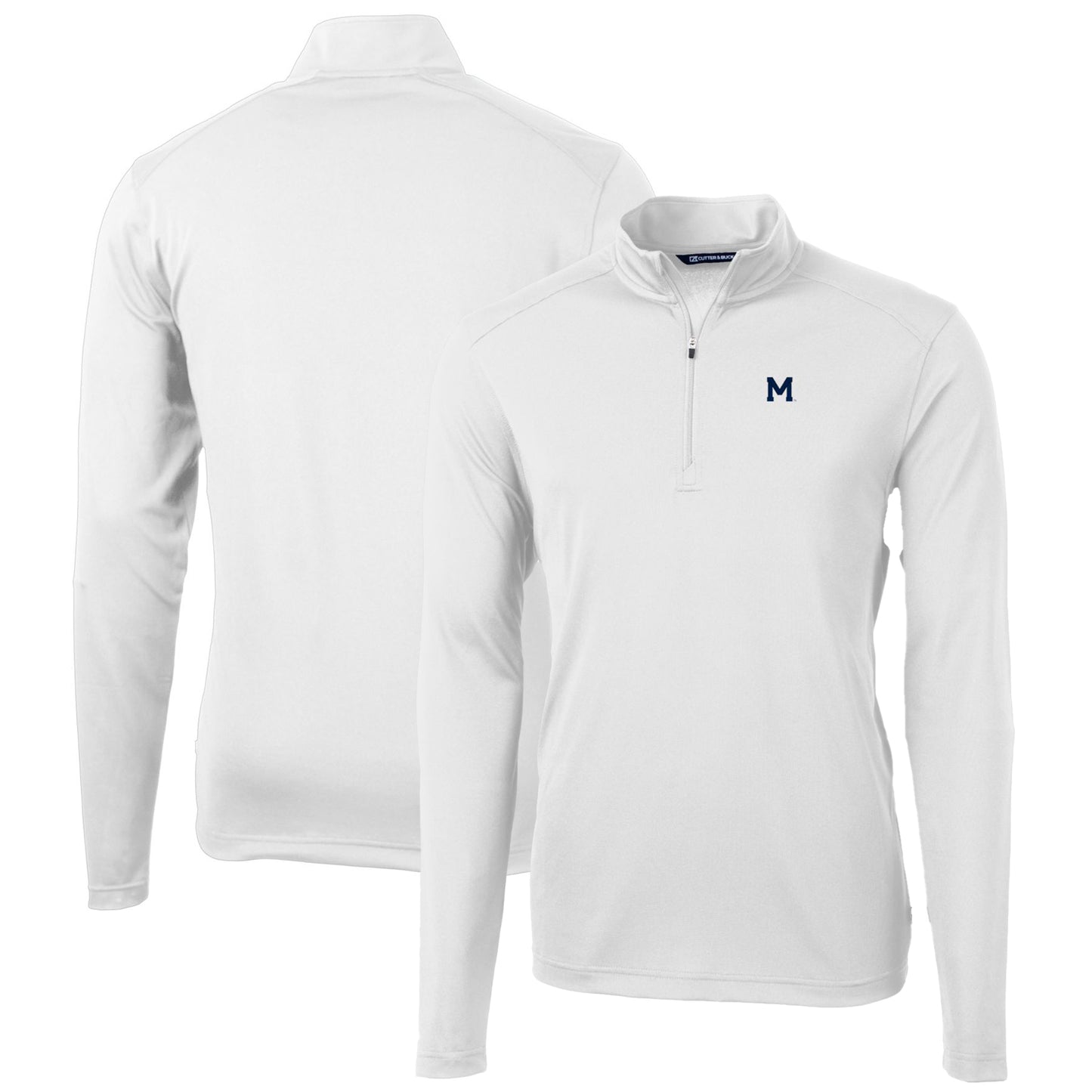 Men's Cutter & Buck White Michigan Wolverines Virtue Eco Pique Recycled Quarter-Zip Pullover Top