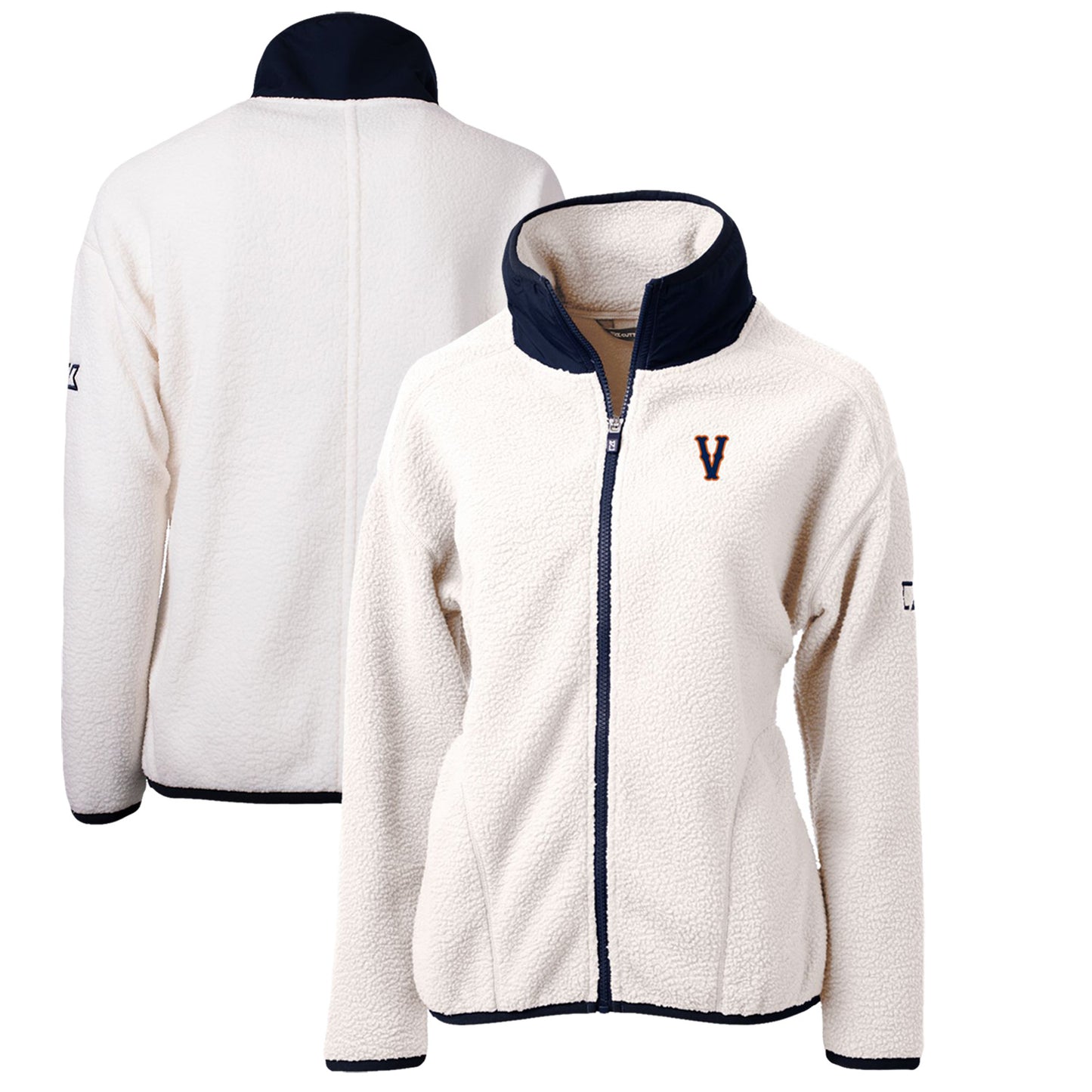 Women's Cutter & Buck White/Navy Virginia Cavaliers Vintage Cascade Eco Sherpa Full-Zip Fleece Jacket