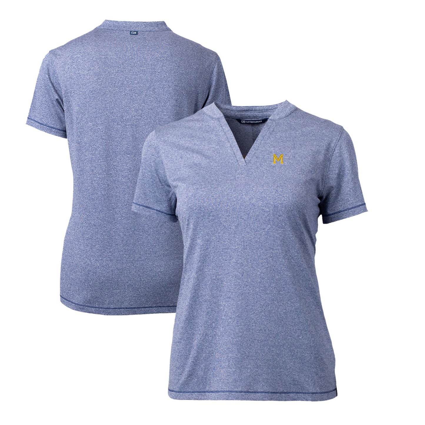 Women's Cutter & Buck Heather Blue Michigan Wolverines Forge Stretch Blade V-Neck Top