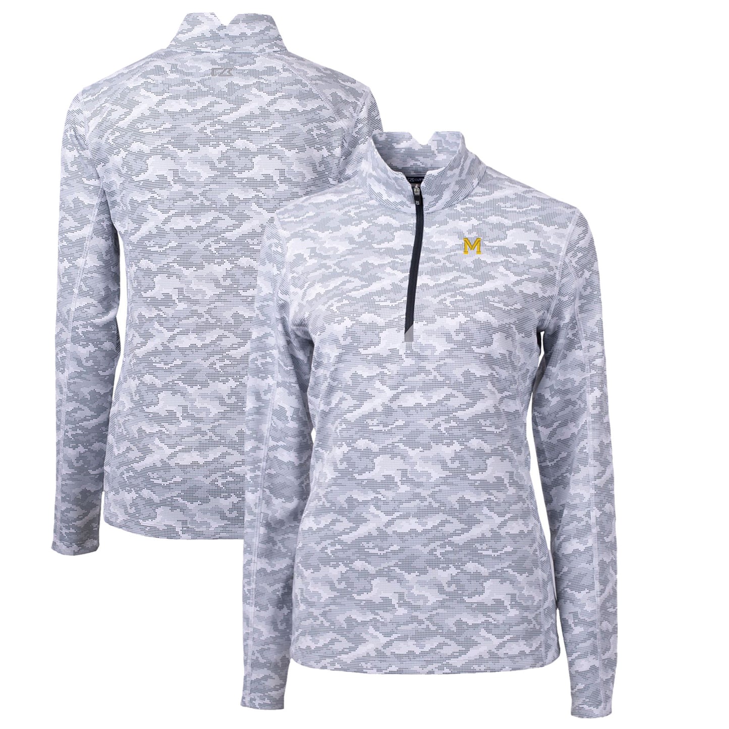 Women's Cutter & Buck Charcoal Michigan Wolverines Traverse Camo Print Stretch Quarter-Zip Pullover Top