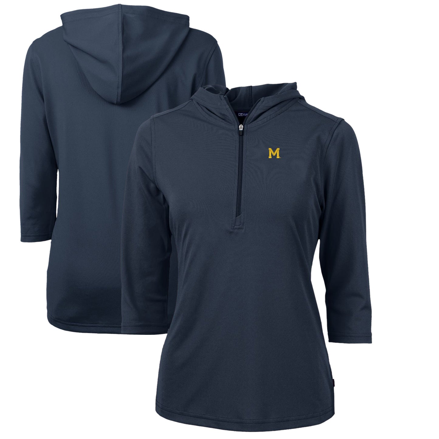 Women's Cutter & Buck Navy Michigan Wolverines Vault Virtue Eco Pique Recycled Half-Zip Pullover Hoodie