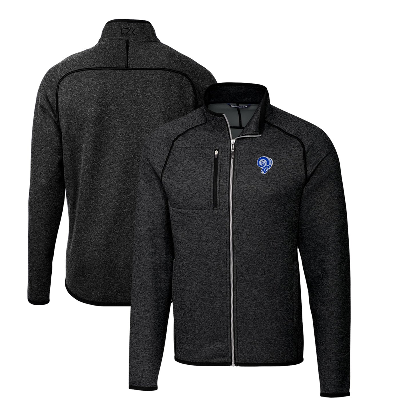 Men's Cutter & Buck Heather Charcoal Los Angeles Rams Throwback Logo Mainsail Sweater-Knit Big & Tall Full-Zip Pullover Jacket
