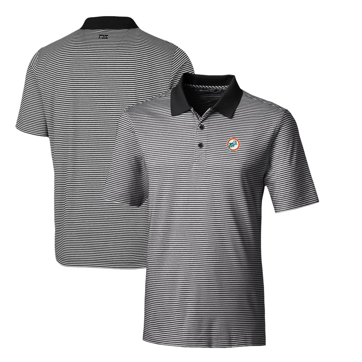 Men's Cutter & Buck Black Miami Dolphins Throwback Logo Forge Tonal Stripe Stretch Polo