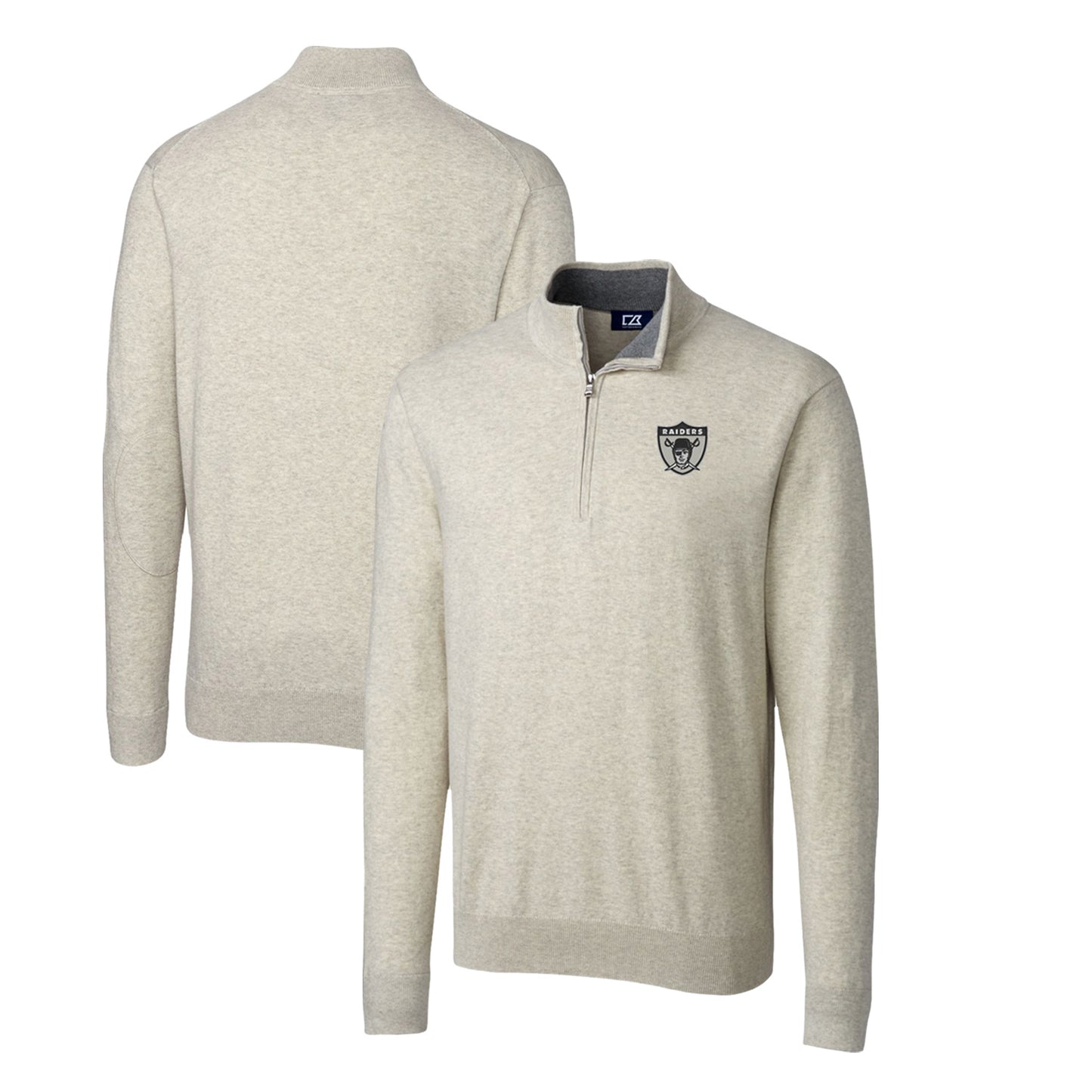 Men's Cutter & Buck Oatmeal Las Vegas Raiders Throwback Logo Lakemont Tri-Blend Quarter-Zip Pullover Sweater