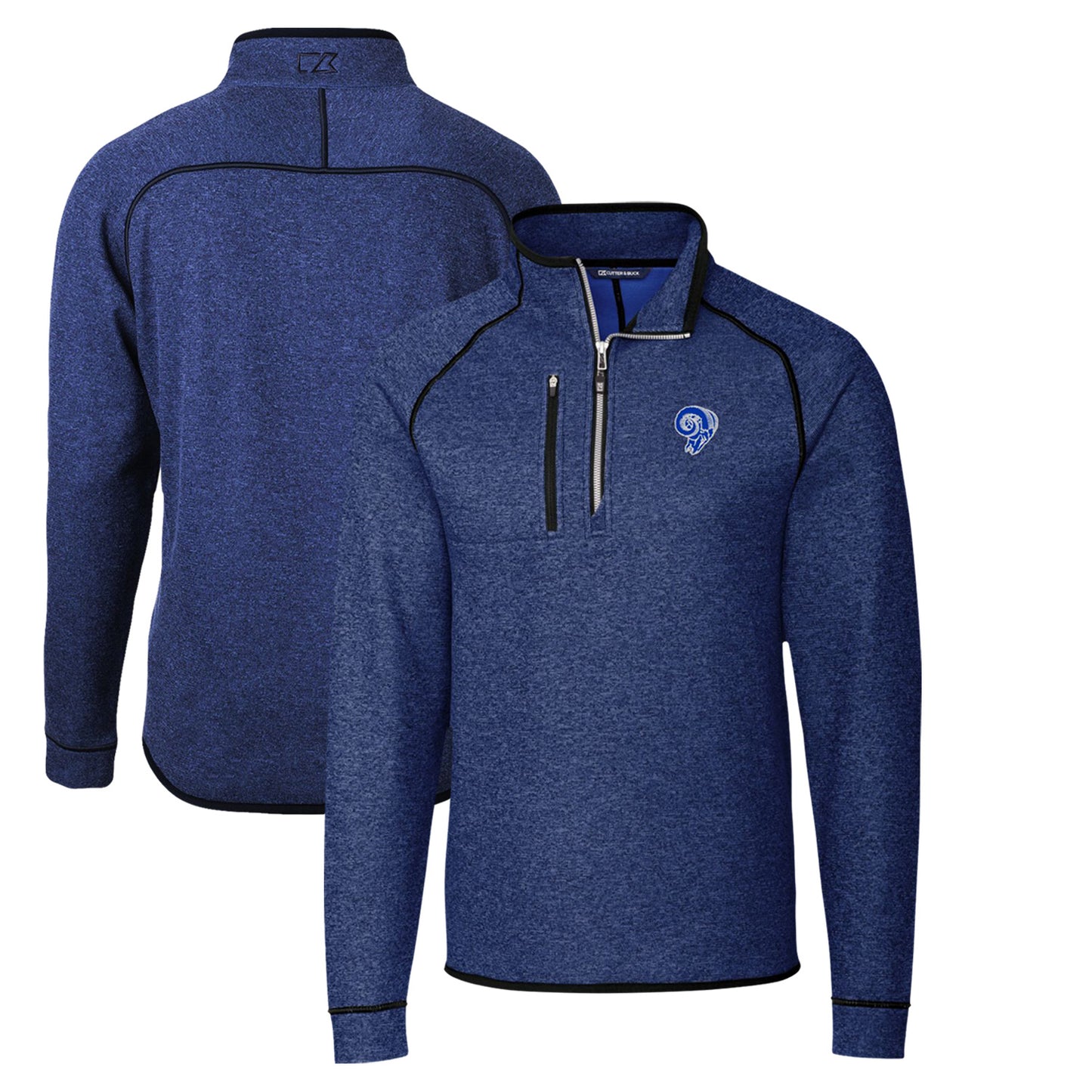 Men's Cutter & Buck Heather Royal Los Angeles Rams Throwback Logo Mainsail Sweater-Knit Half-Zip Pullover Jacket