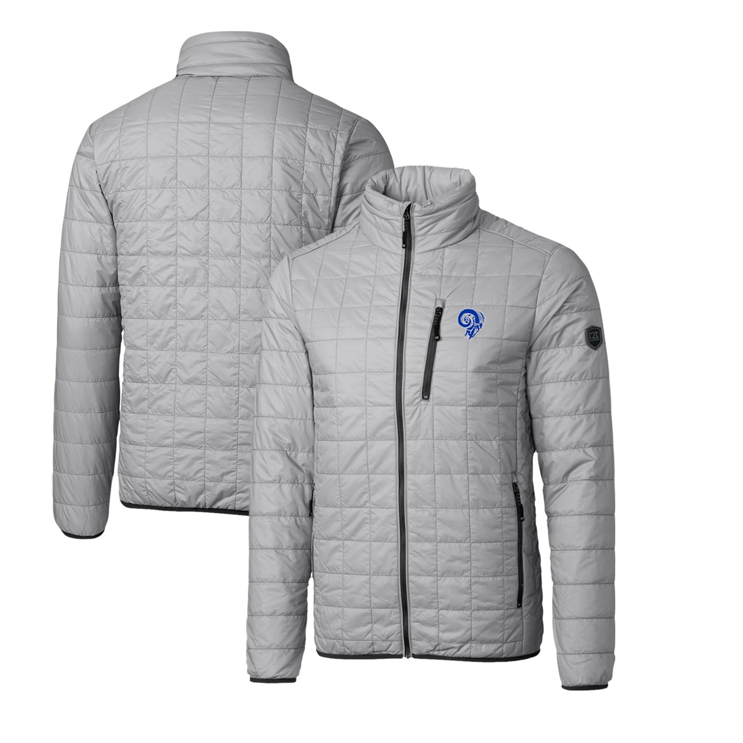 Men's Cutter & Buck Gray Los Angeles Rams Throwback Logo Rainier PrimaLoft Eco Insulated Full-Zip Puffer Jacket