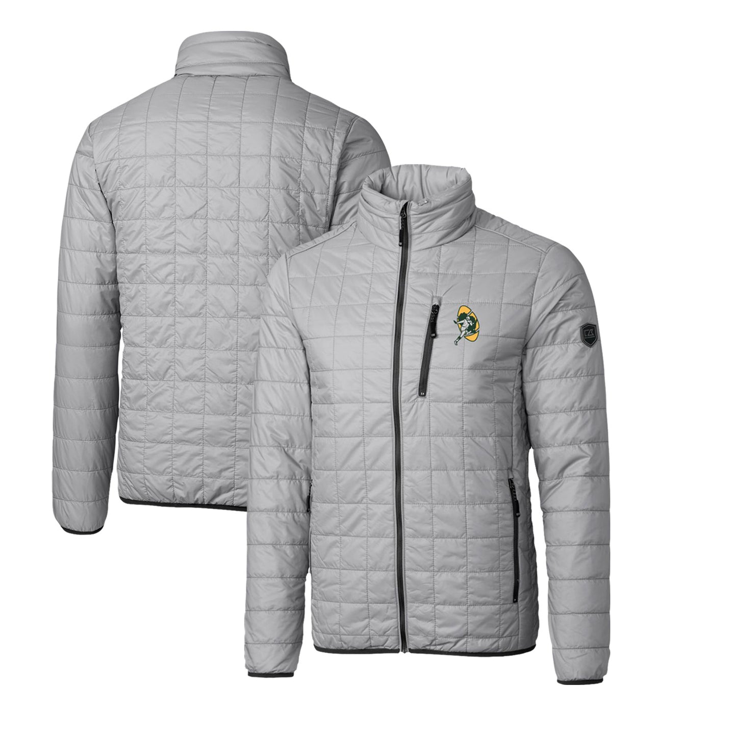 Men's Cutter & Buck Gray Green Bay Packers Throwback Logo Rainier PrimaLoft Eco Insulated Full-Zip Puffer Jacket