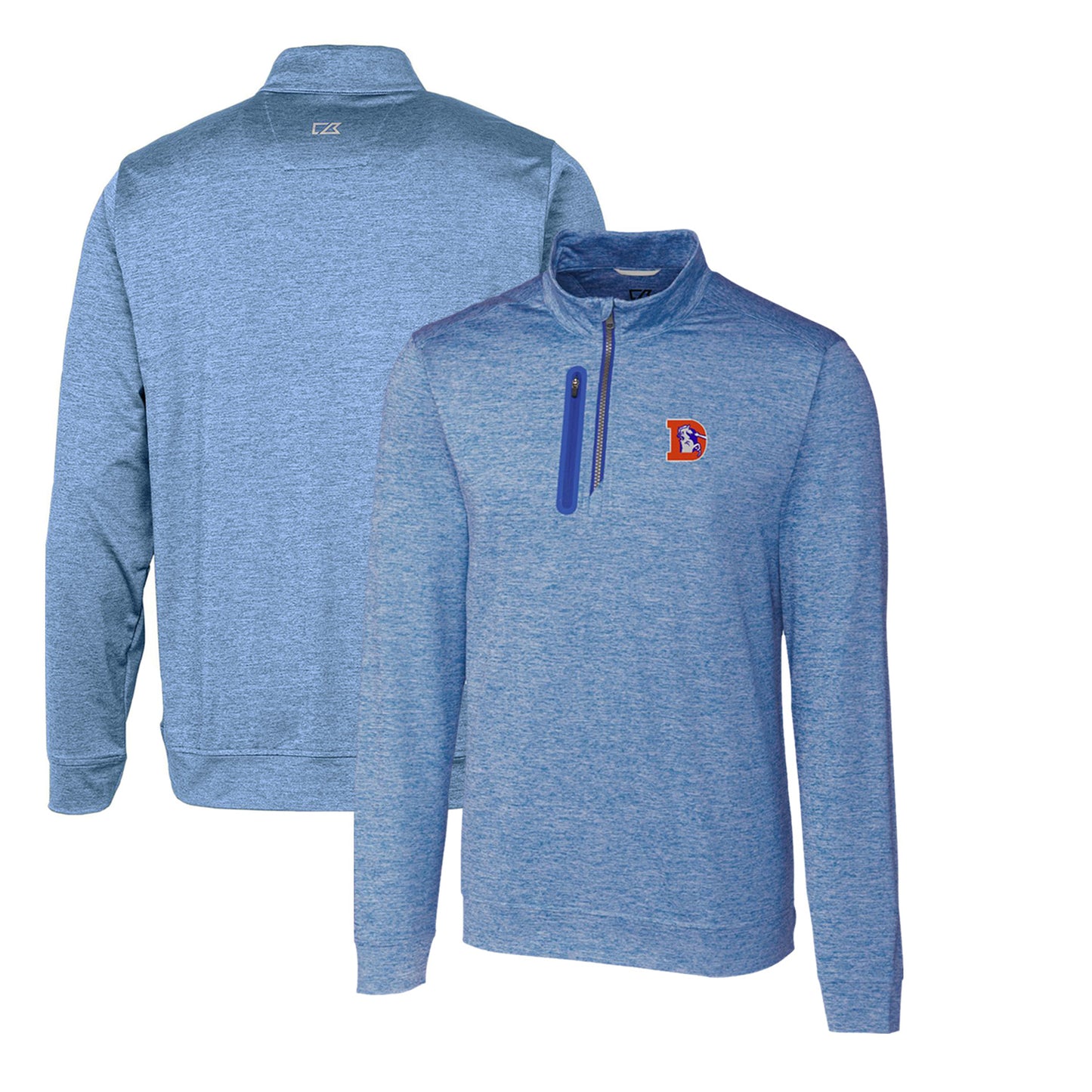 Men's Cutter & Buck Royal Denver Broncos Stealth Heathered Throwback Logo Quarter-Zip Pullover Top