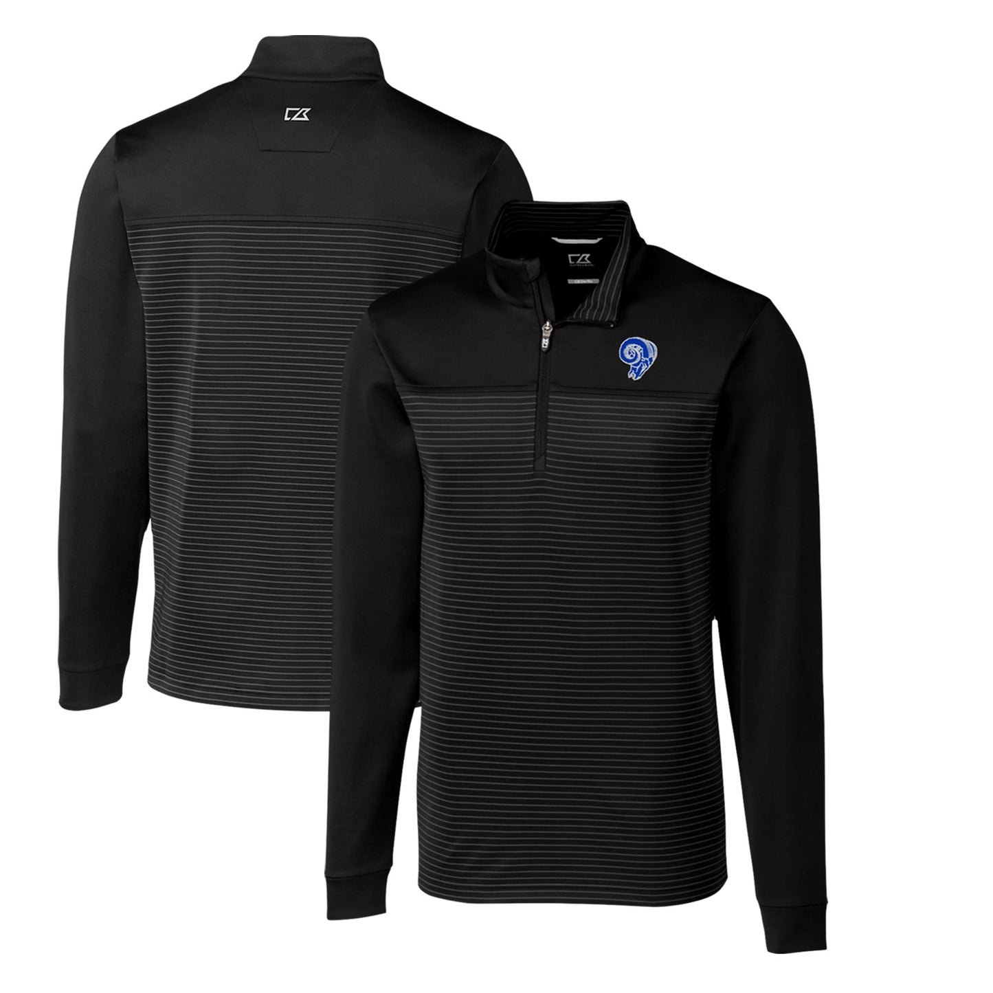 Men's Cutter & Buck Black Los Angeles Rams Throwback Logo Traverse Stripe Stretch Quarter-Zip Pullover Top