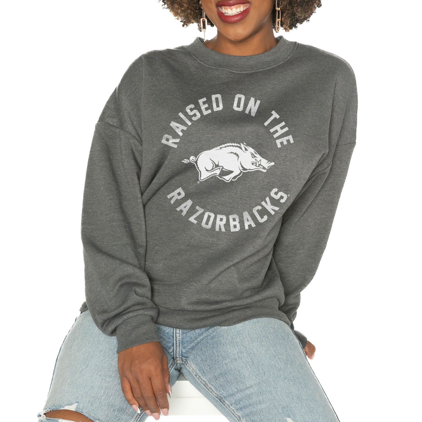 Women's Gameday Couture Charcoal Arkansas Razorbacks Good Vibes Premium Fleece Drop Shoulder Pullover Sweatshirt