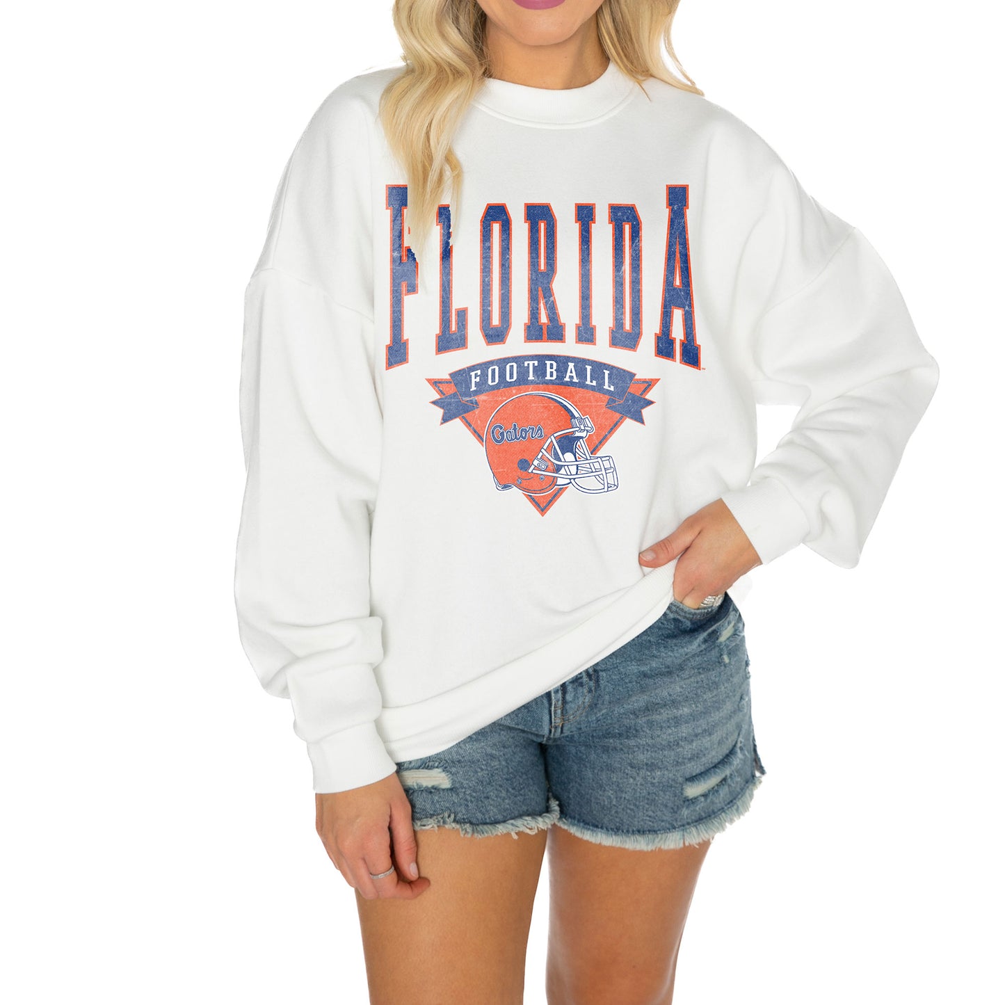 Women's Gameday Couture White Florida Gators Good Vibes Premium Fleece Drop Shoulder Pullover Sweatshirt