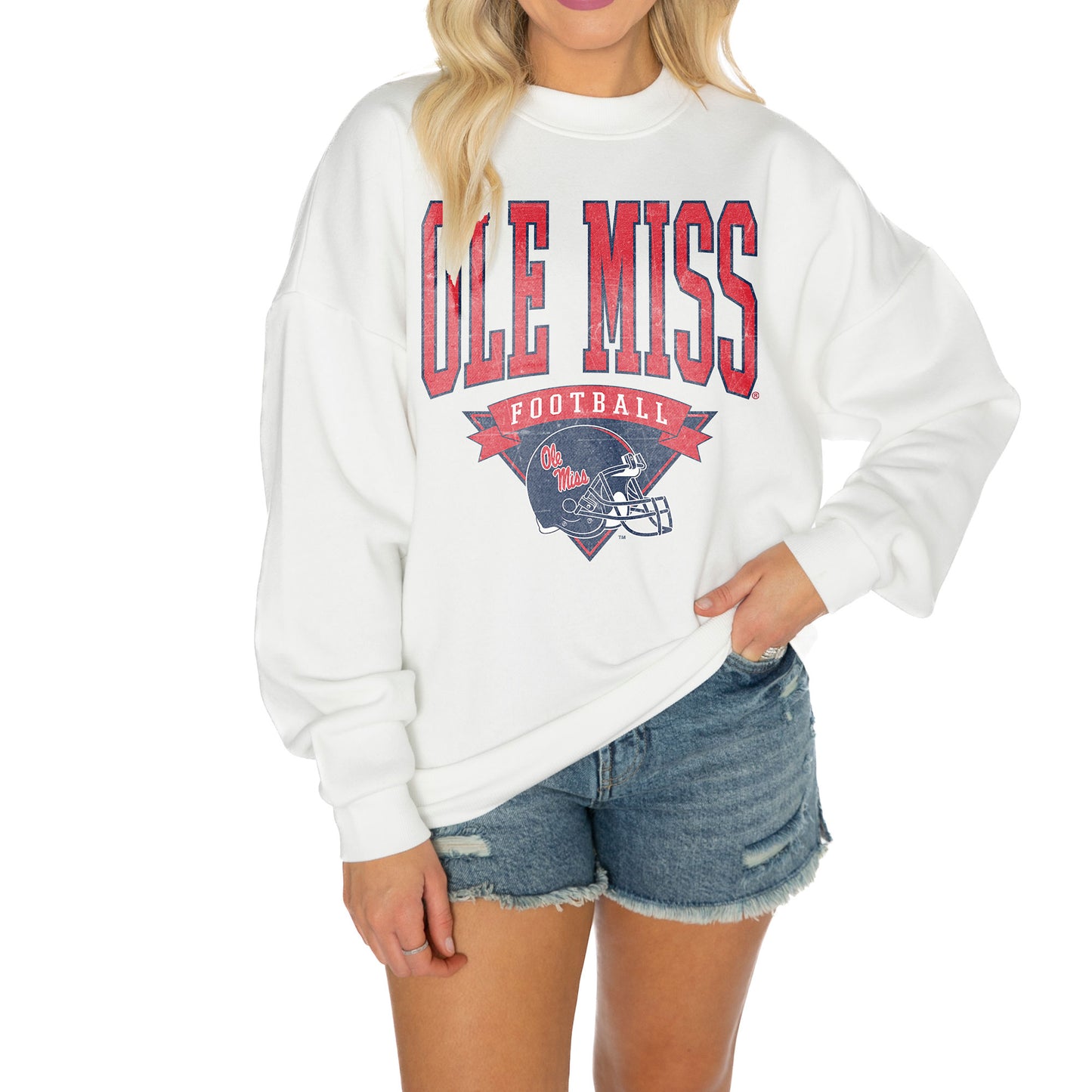 Women's Gameday Couture White Ole Miss Rebels Good Vibes Premium Fleece Drop Shoulder Pullover Sweatshirt