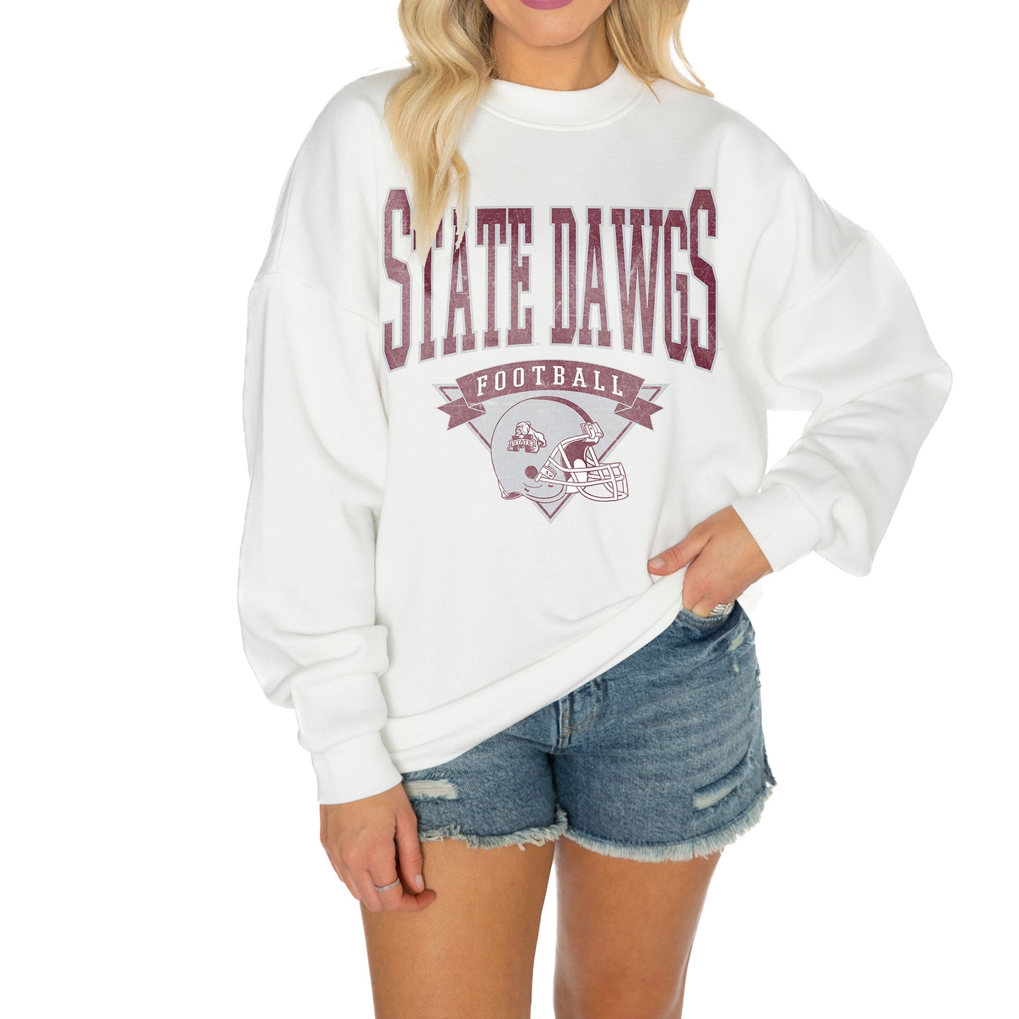 Women's Gameday Couture White Mississippi State Bulldogs Good Vibes Premium Fleece Drop Shoulder Pullover Sweatshirt