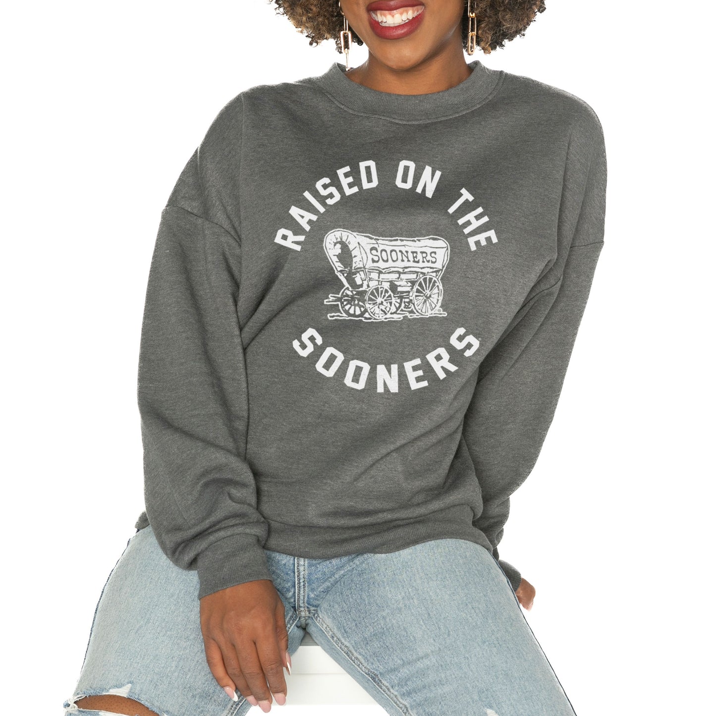Women's Gameday Couture Charcoal Oklahoma Sooners Good Vibes Premium Fleece Drop Shoulder Pullover Sweatshirt