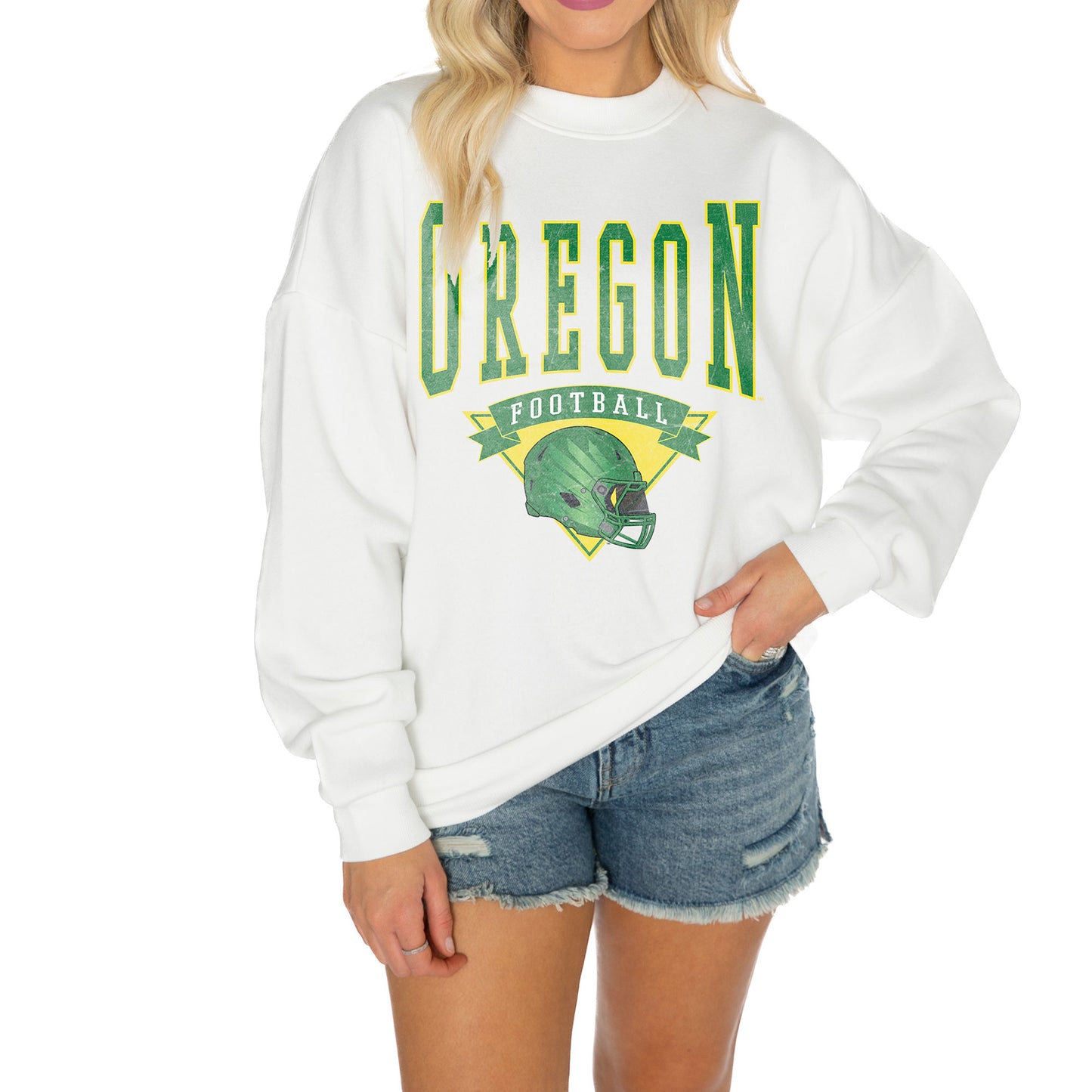 Women's Gameday Couture White Oregon Ducks Good Vibes Premium Fleece Drop Shoulder Pullover Sweatshirt