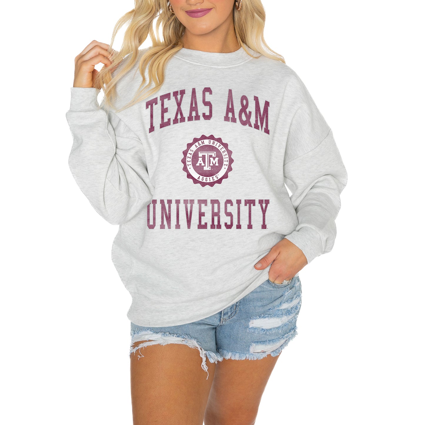 Women's Gameday Couture Steel Texas A&M Aggies Good Vibes Premium Fleece Drop Shoulder Pullover Sweatshirt