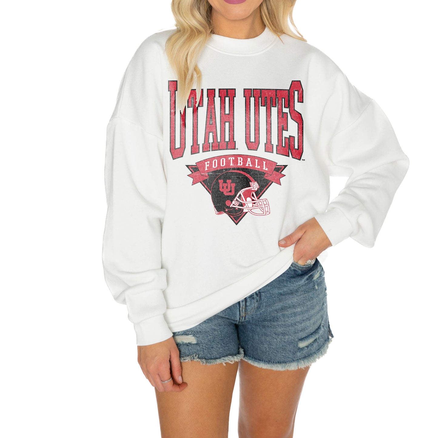 Women's Gameday Couture White Utah Utes Good Vibes Premium Fleece Drop Shoulder Pullover Sweatshirt