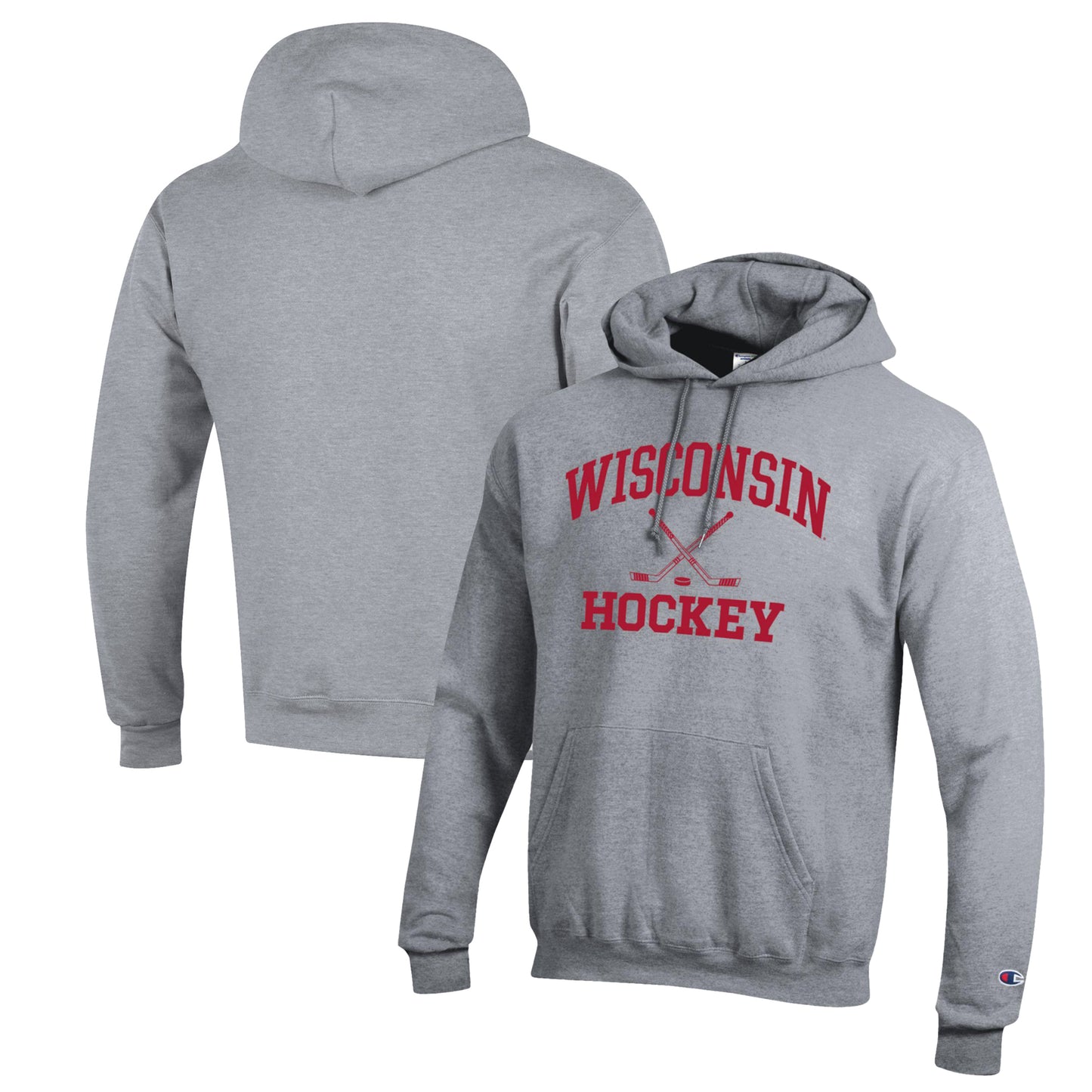 Men's Champion Heather Gray Wisconsin Badgers Hockey Icon Powerblend Pullover Hoodie
