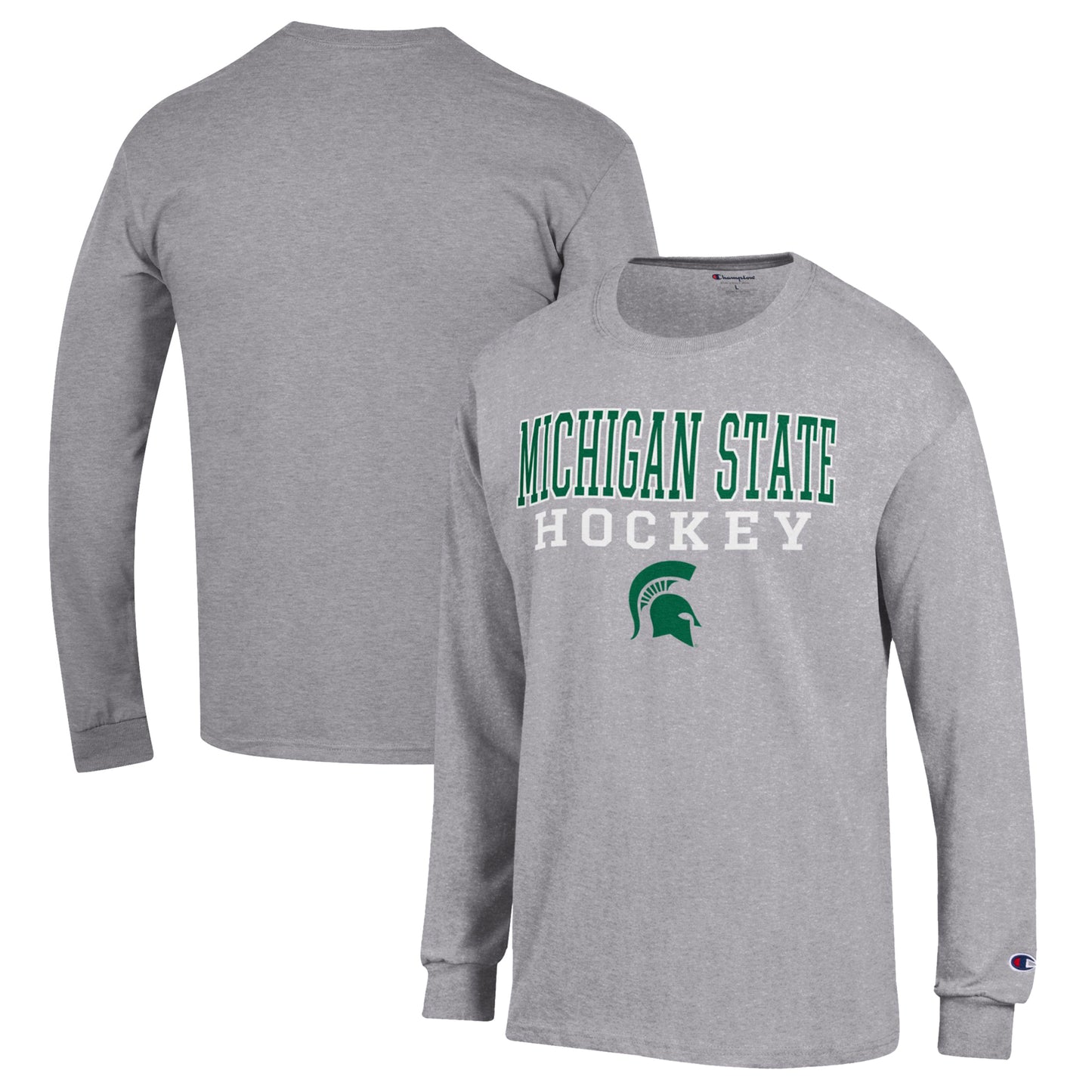 Men's Champion Heather Gray Michigan State Spartans Stack Logo Hockey Powerblend Long Sleeve T-Shirt