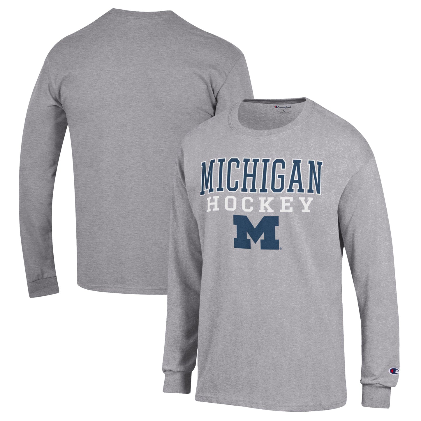 Men's Champion Heather Gray Michigan Wolverines Stack Logo Hockey Powerblend Long Sleeve T-Shirt