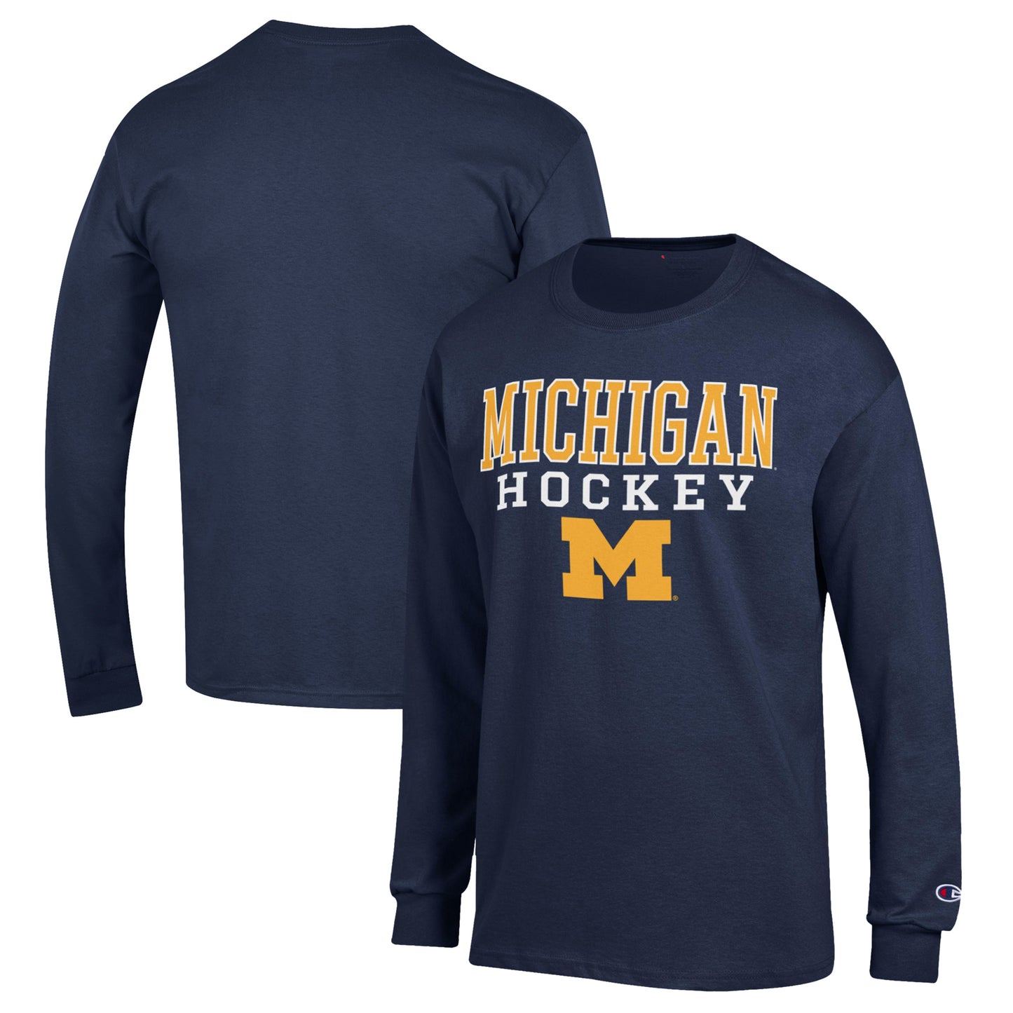 Men's Champion Navy Michigan Wolverines Stack Logo Hockey Powerblend Long Sleeve T-Shirt