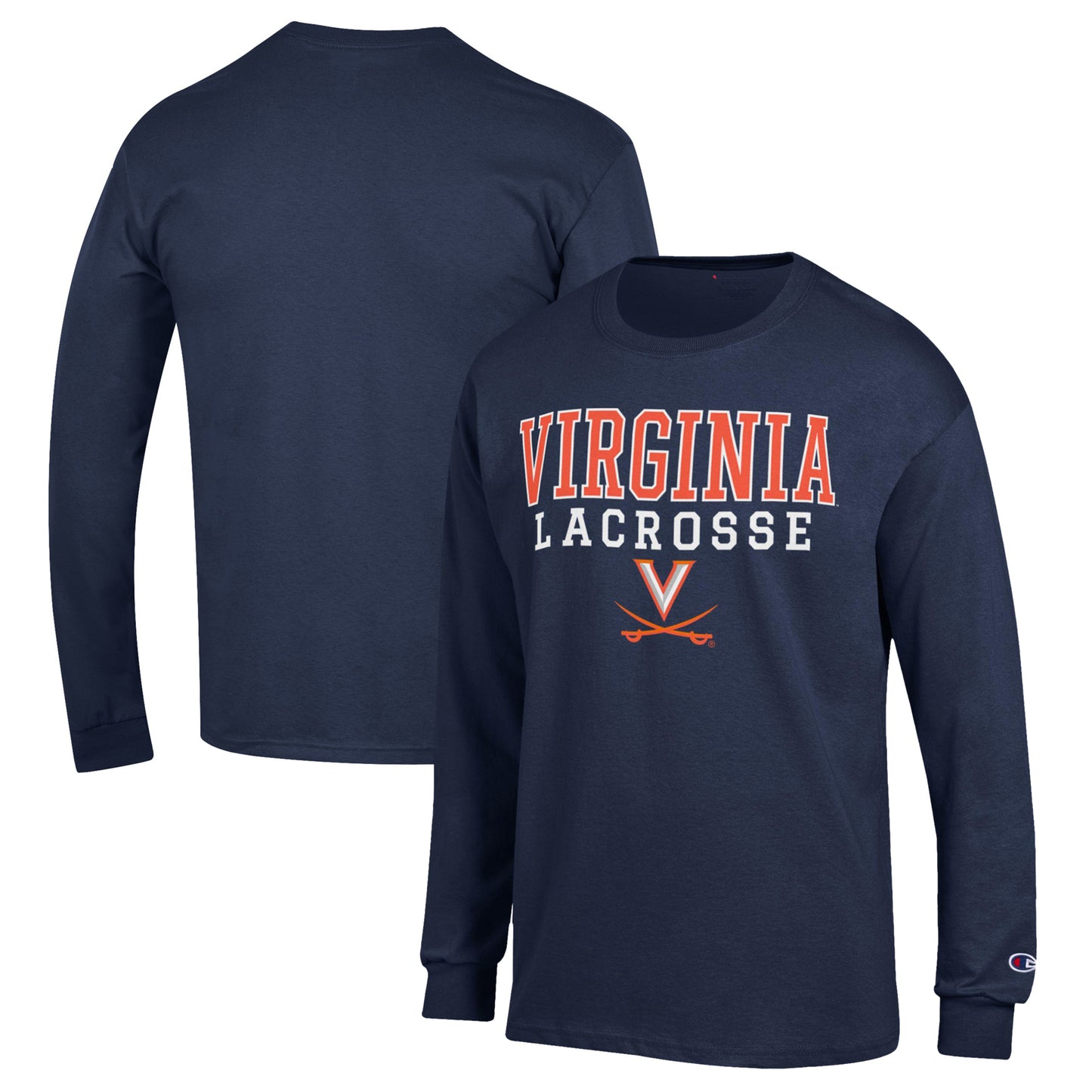 Men's Champion Navy Virginia Cavaliers Stack Logo Lacrosse Powerblend Long Sleeve T-Shirt