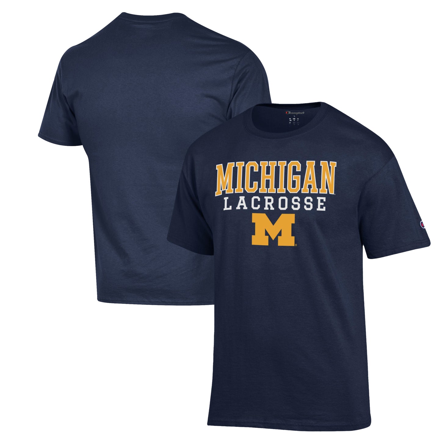 Men's Champion Navy Michigan Wolverines Stack Logo Lacrosse Powerblend T-Shirt