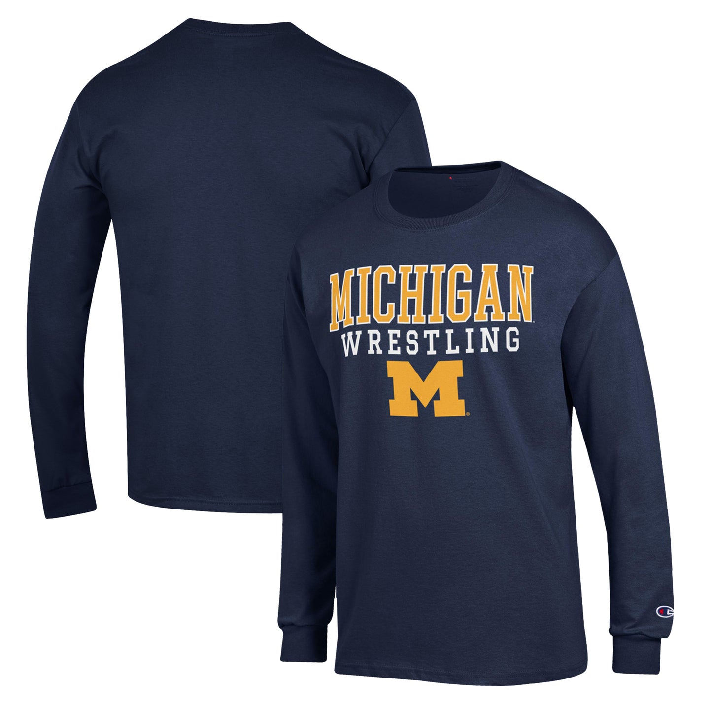 Men's Champion Navy Michigan Wolverines Wrestling Stack Logo Long Sleeve T-Shirt