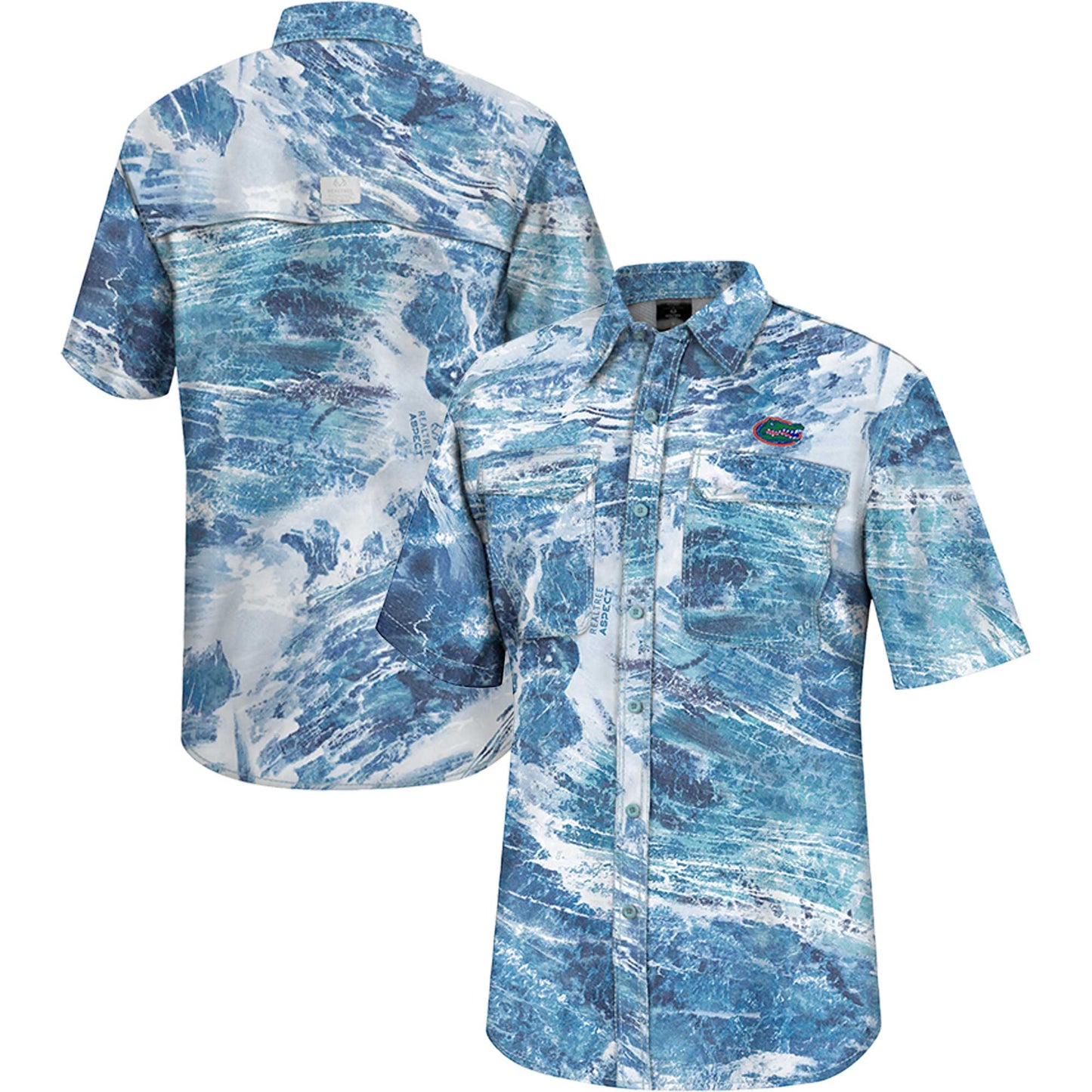 Men's Colosseum Blue Florida Gators Realtree Aspect Charter Full-Button Fishing Shirt