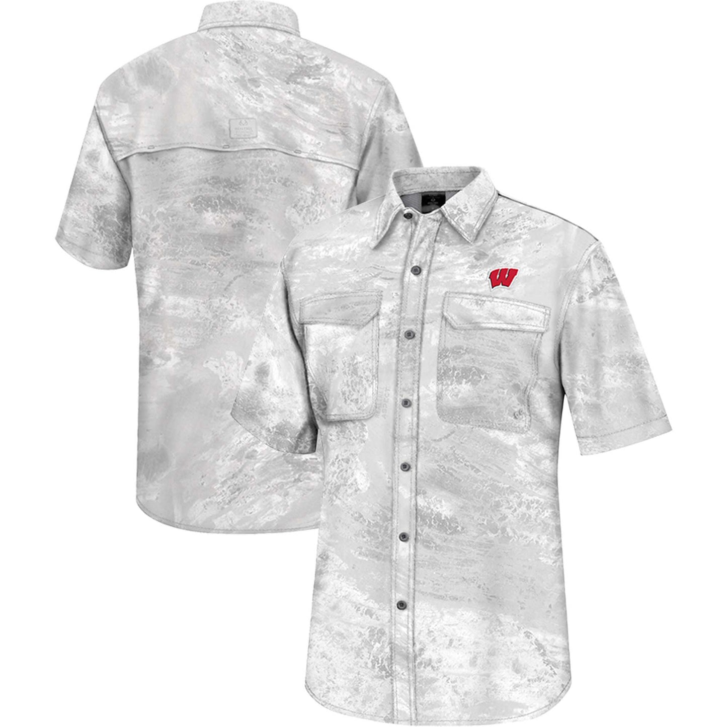 Men's Colosseum White Wisconsin Badgers Realtree Aspect Charter Full-Button Fishing Shirt
