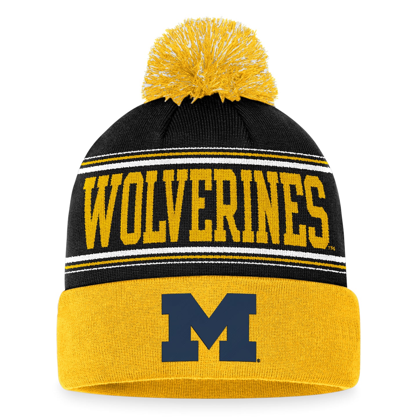 Men's Top of the World Black Michigan Wolverines Draft Cuffed Knit Hat with Pom