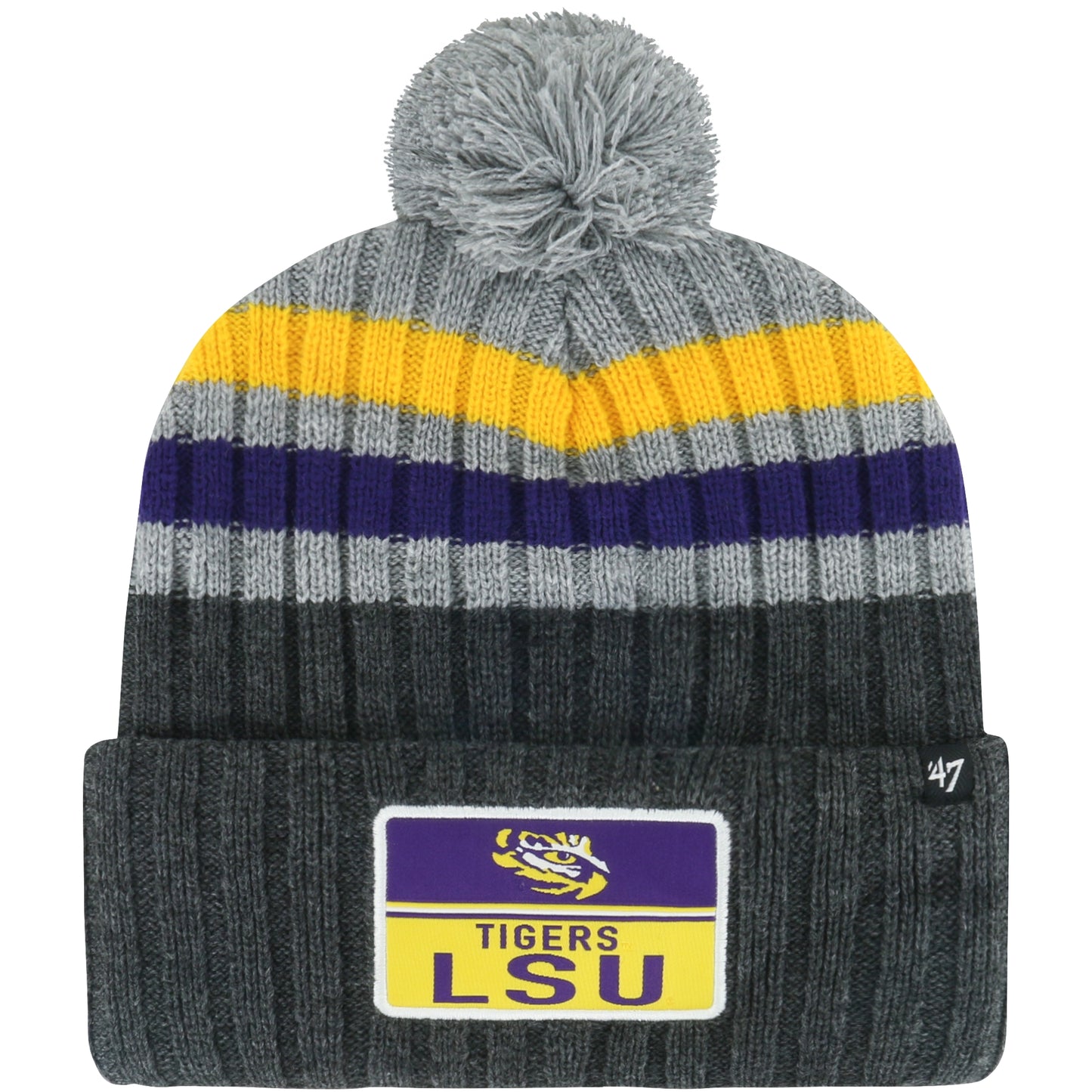 Men's '47 Charcoal LSU Tigers Stack Striped Cuffed Knit Hat with Pom