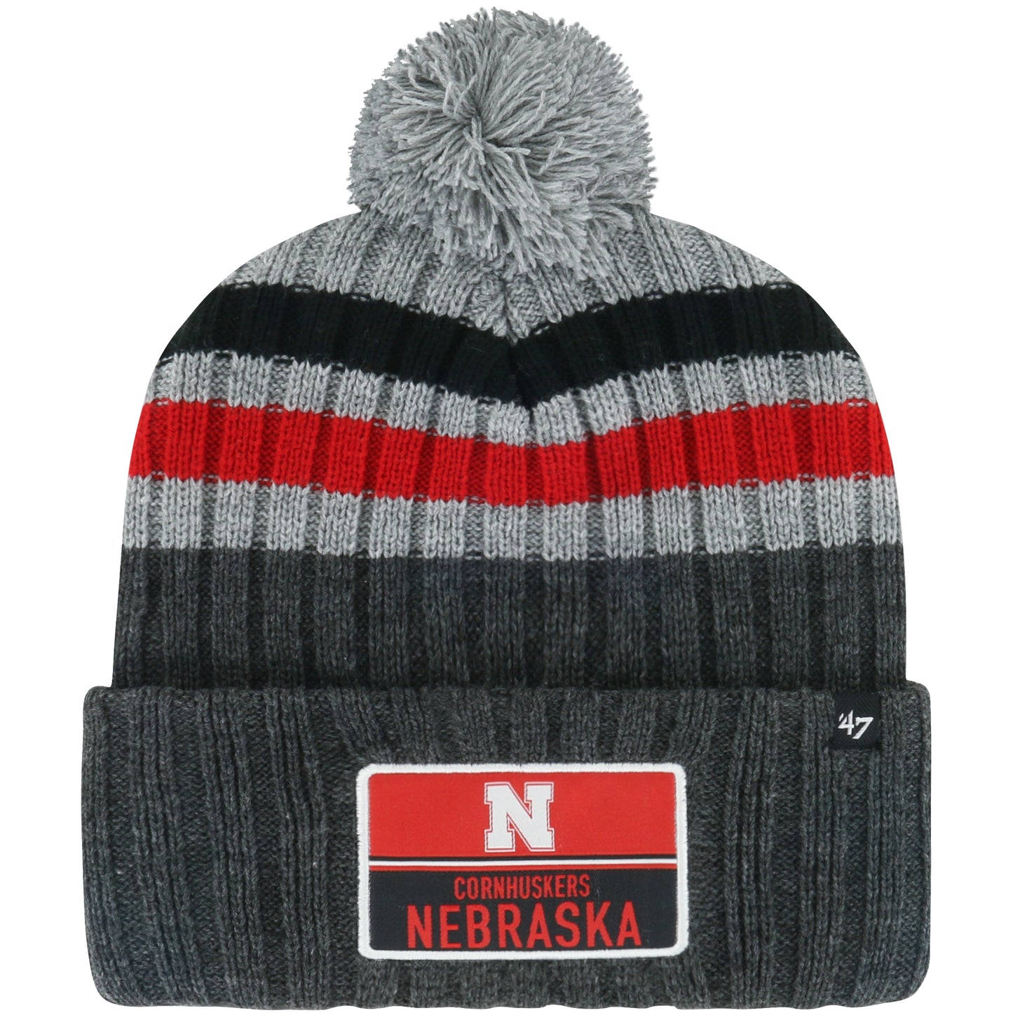 Men's '47 Charcoal Nebraska Huskers Stack Striped Cuffed Knit Hat with Pom