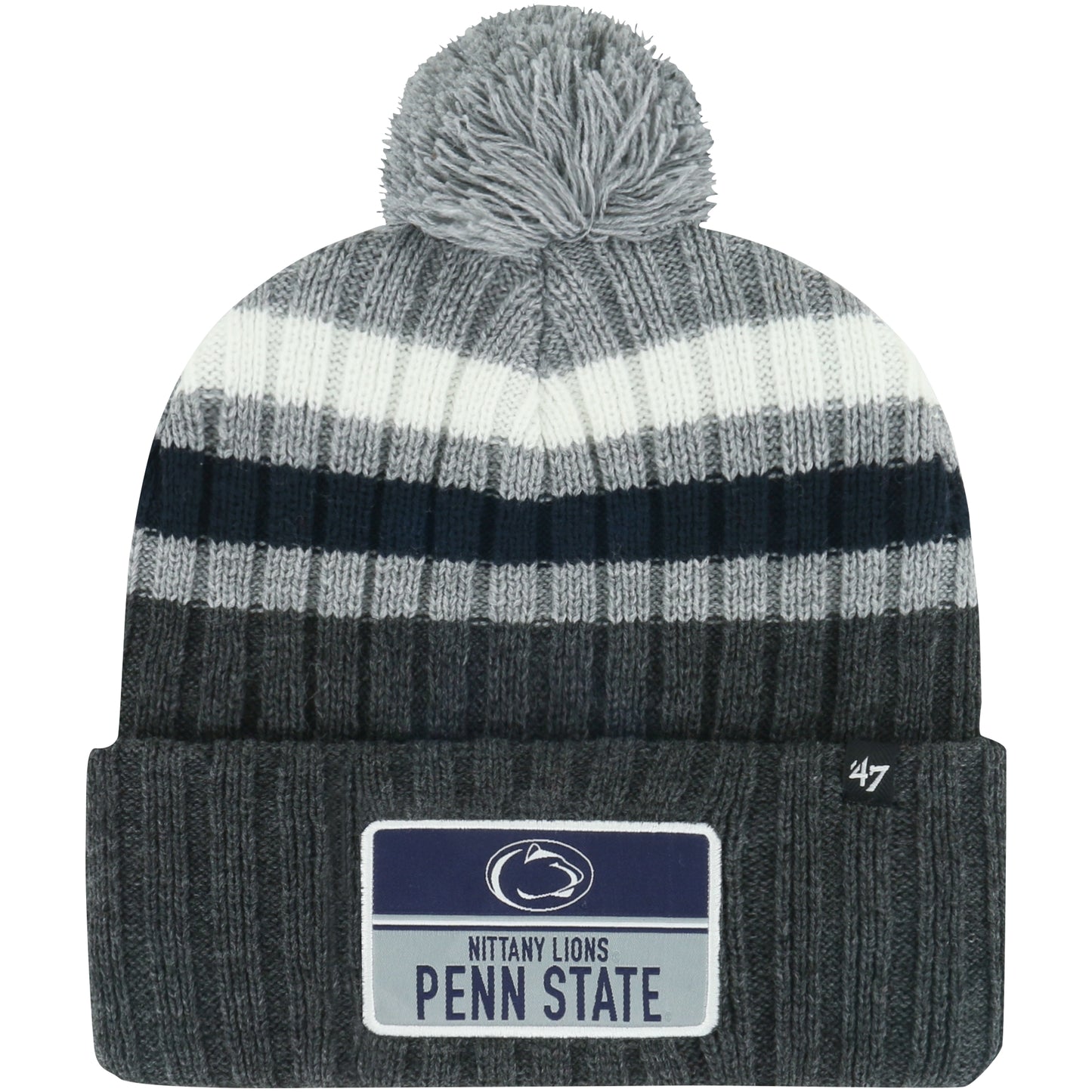 Men's '47 Charcoal Penn State Nittany Lions Stack Striped Cuffed Knit Hat with Pom