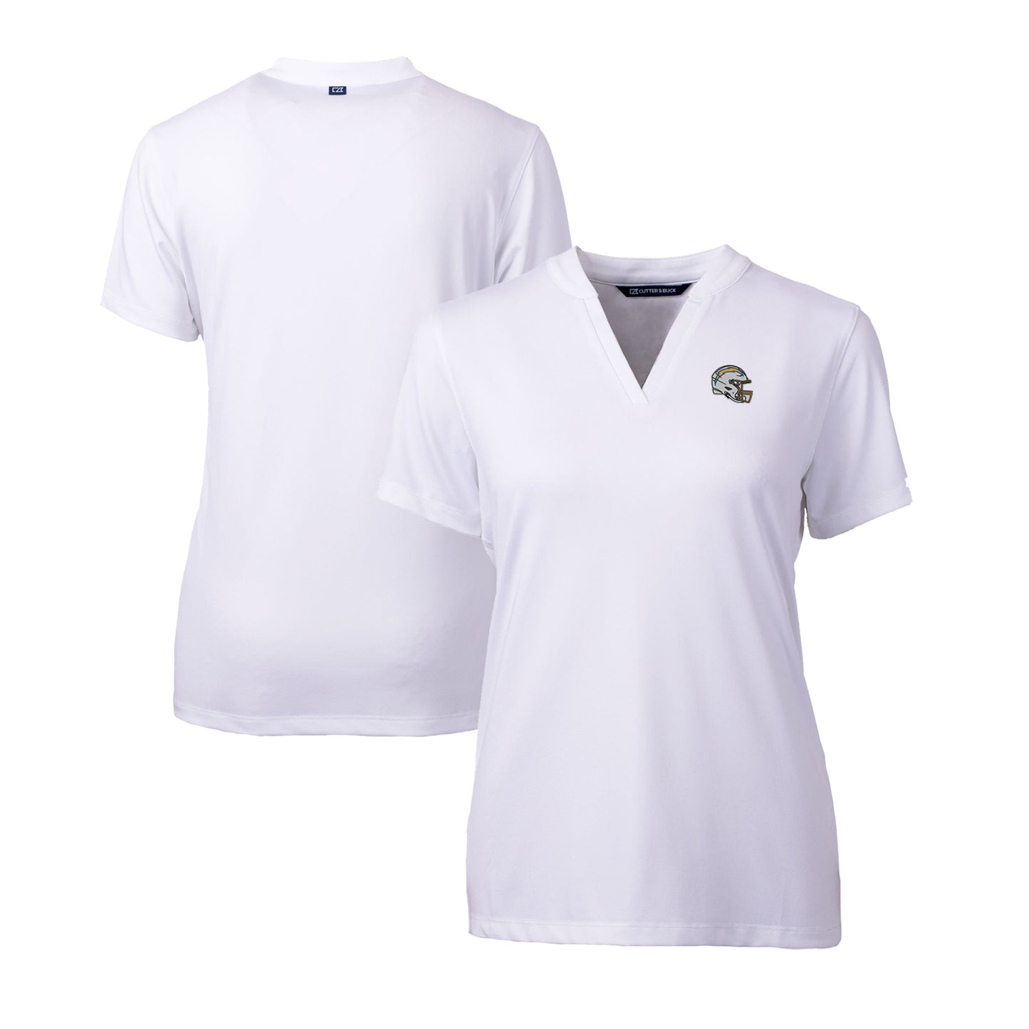 Women's Cutter & Buck White Los Angeles Chargers Helmet Logo DryTec Forge Stretch V-Neck Blade Top