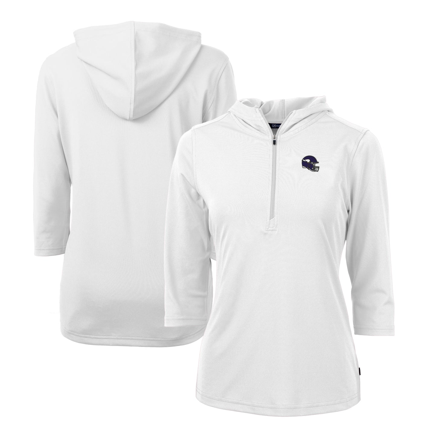 Women's Cutter & Buck White Minnesota Vikings Helmet Logo DryTec Virtue Eco Pique Recycled Half-Zip Pullover Hoodie